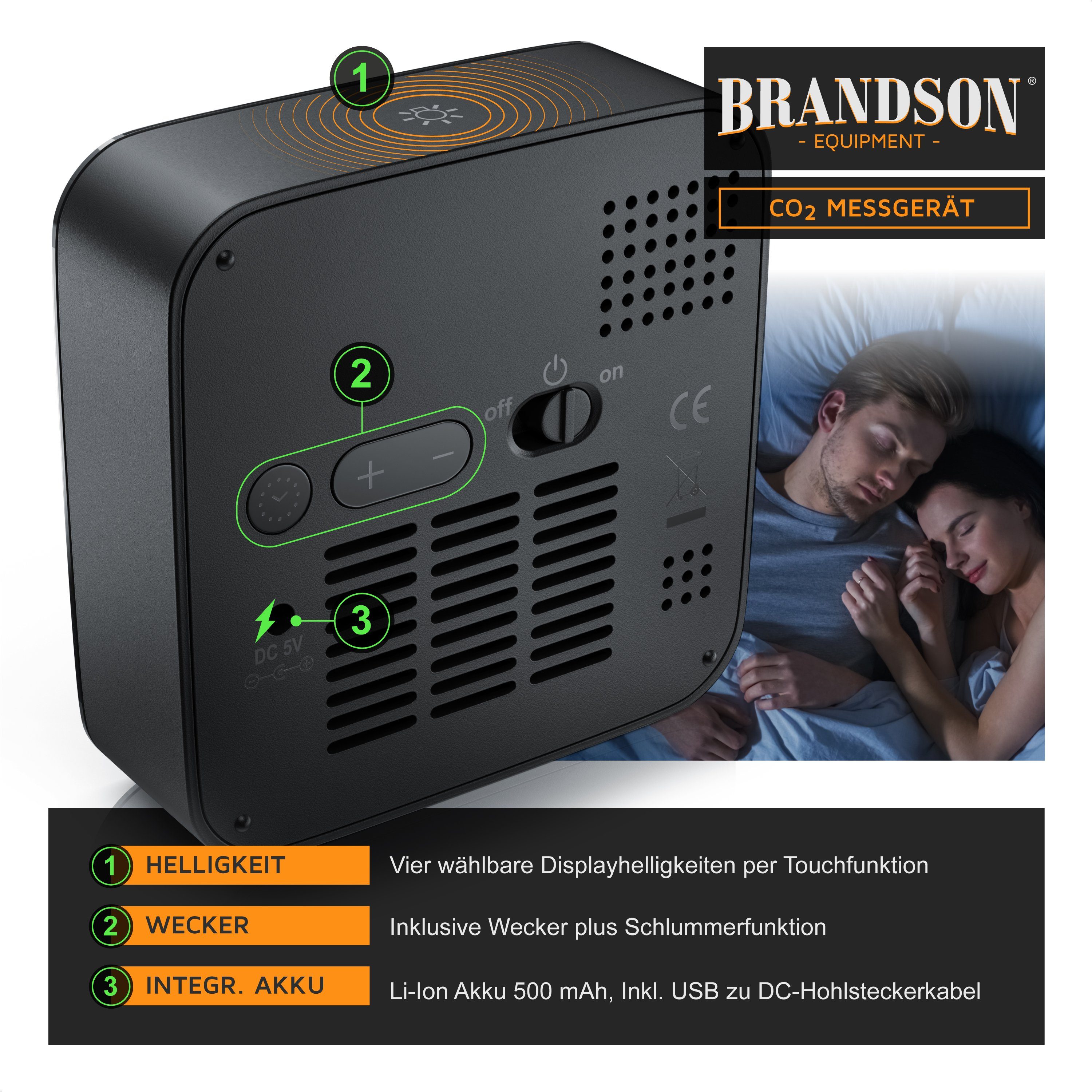 Brandson Gasmelder (CO2 Messgerät, Luftqualität Melder, Kohlendioxidmessung, Warnmelder)