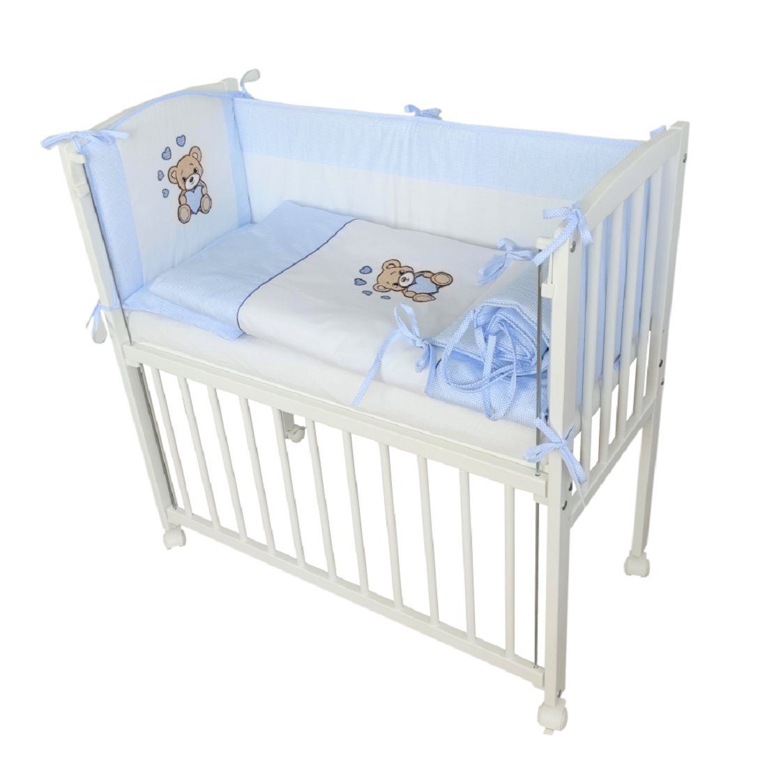 Babyhafen Beistellbett 3in1 Stubenbett, Babybettchen– Teddybär & Herzen Grau Blau Rosa, Komplettbett