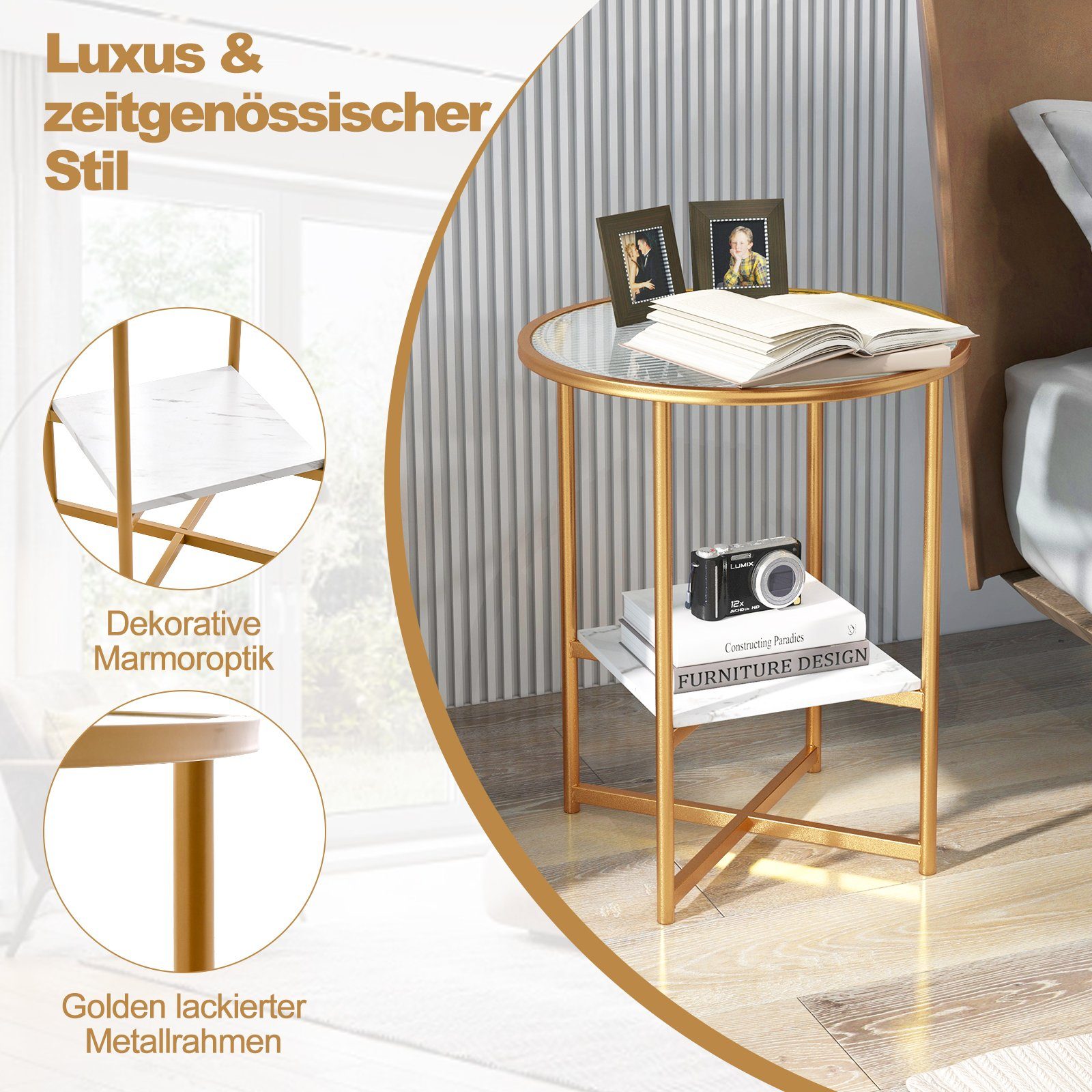 COSTWAY Beistelltisch, rund, mit gehärtetem Glas & Ablage aus Marmor, gold