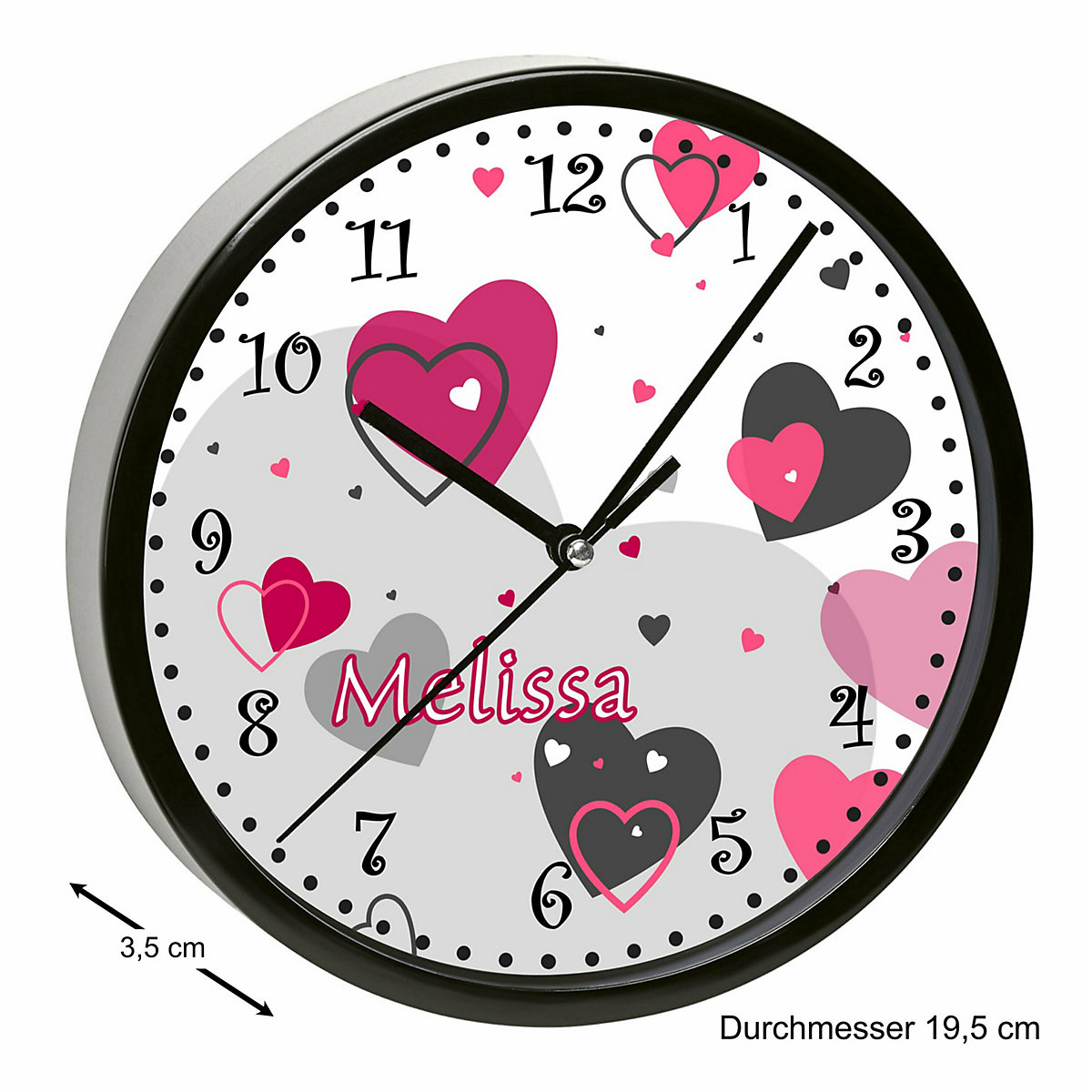 Kinder Wanduhr personalisiert mit Name Herz Rosa Grau
