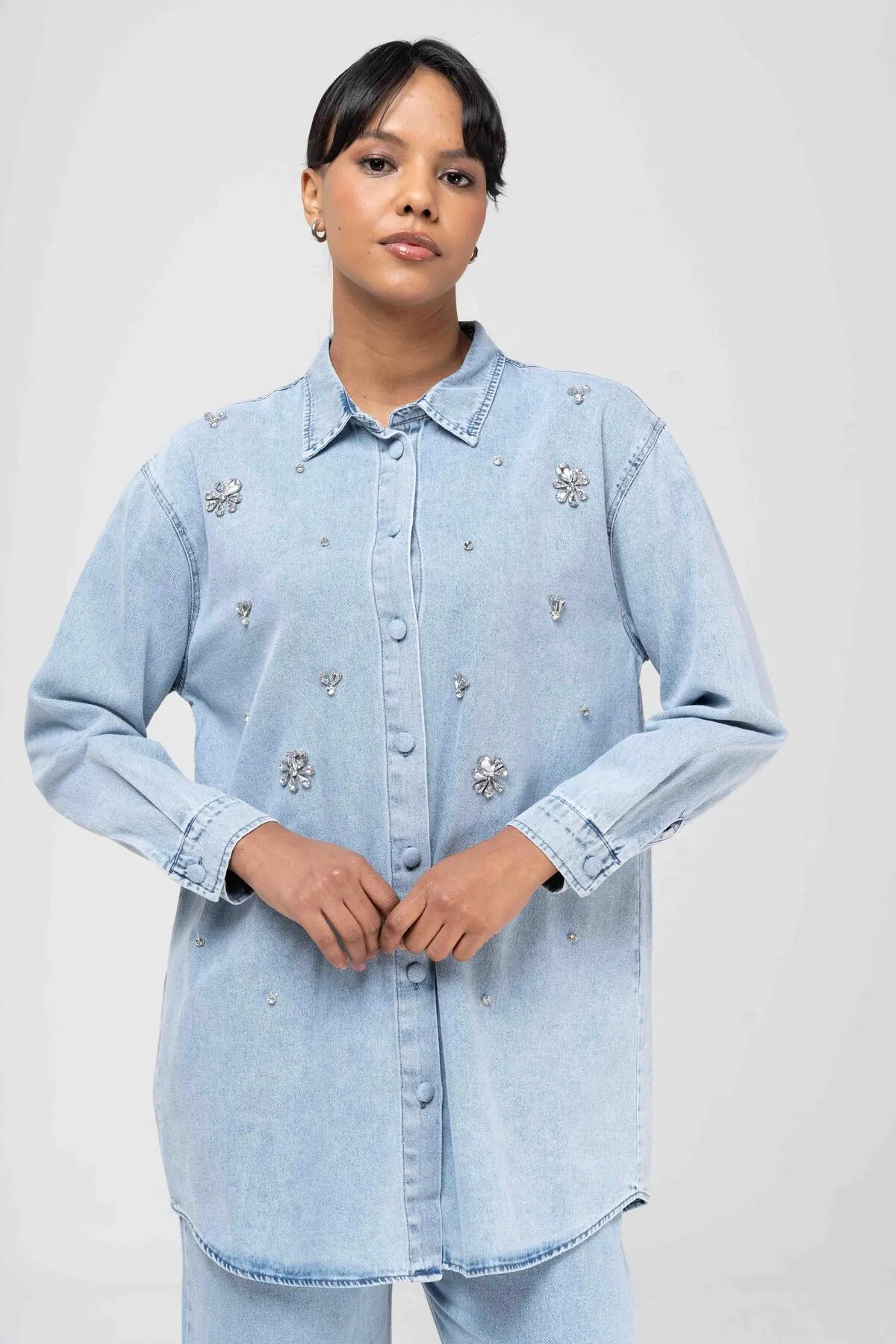 Olcay  Tuniği Jeansanzug mit Steinerbsen und Hose mit elastischer Taille BLAU 9225-TK