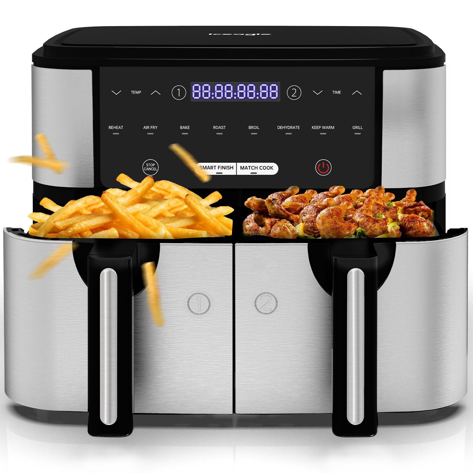 iceagle Heißluftfritteuse Airfryer KDF-5515DT, 9L Luftfritteuse mit Doppelkammer, 8 Programme, 2600,00 W, 4.5L+4.5L, Weniger Öl, Gesünder