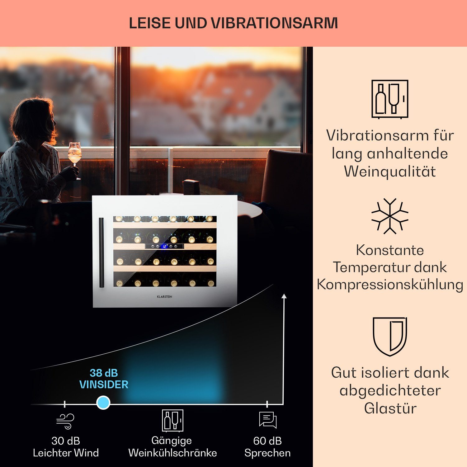 Klarstein Weinkühlschrank Vinsider, für 24 Standardflaschen á 0,75l,Wein Flaschenkühlschrank Weintemperierschrank Weinschrank Kühlschrank