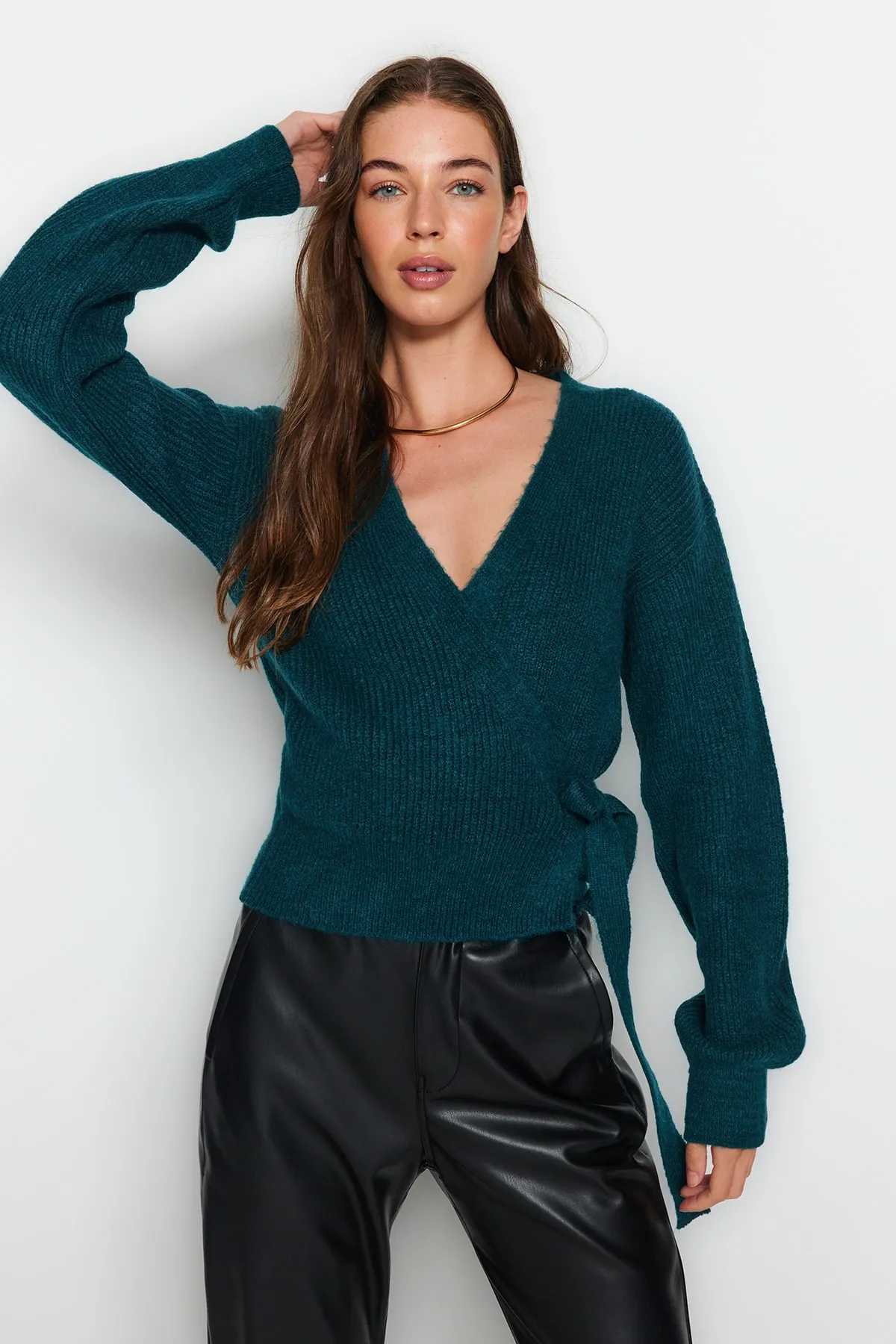 Trendyol Collection  Petrol Weich strukturierte Strickjacke mit V-Ausschnitt TWOAW24HI00282