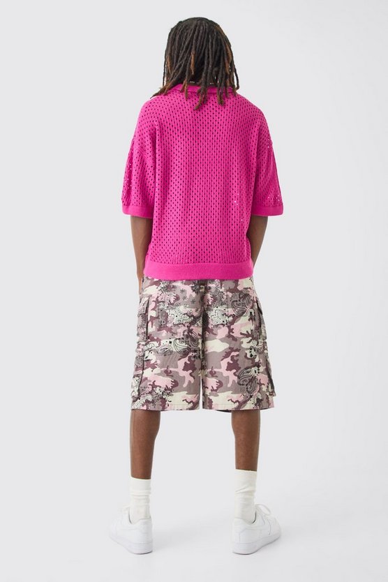 Kurzärmliges kastiges Strick-Poloshirt in Pink