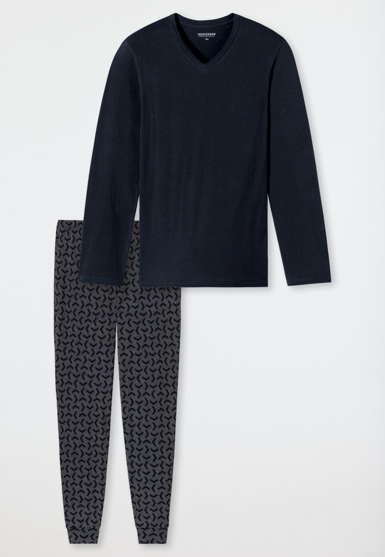 Schlafanzug lang Bündchen nachtblau - Casual Essentials