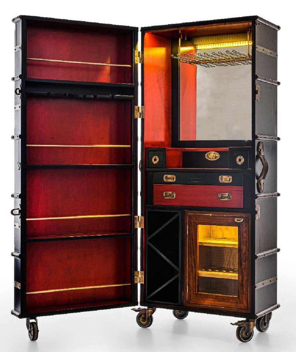 Casa Padrino Barschrank Casa Padrino Luxus Barschrank mit Rollen Antik Schwarz 73,5 x 54 x H. 173,5 cm - Kofferschrank im Retro Look - Retro Stil Weinschrank - Bar Möbel - Luxus Möbel