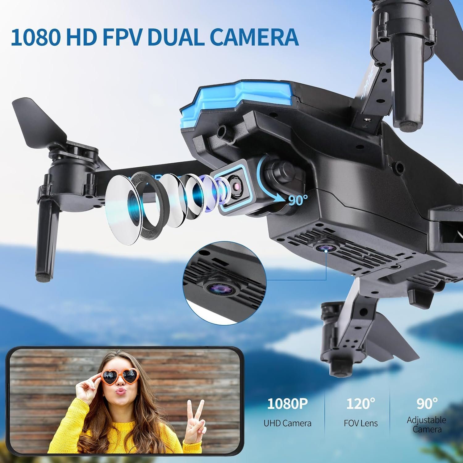 Weinsamkeit RC Drohne mit Kamera für Kinder, WiFi FPV Drone für Anfänger Drohne (1080P HD, RC Quadcopter mit 2 Akku, Schwerkraft Sensor Ein-Tasten-Start/Landung)