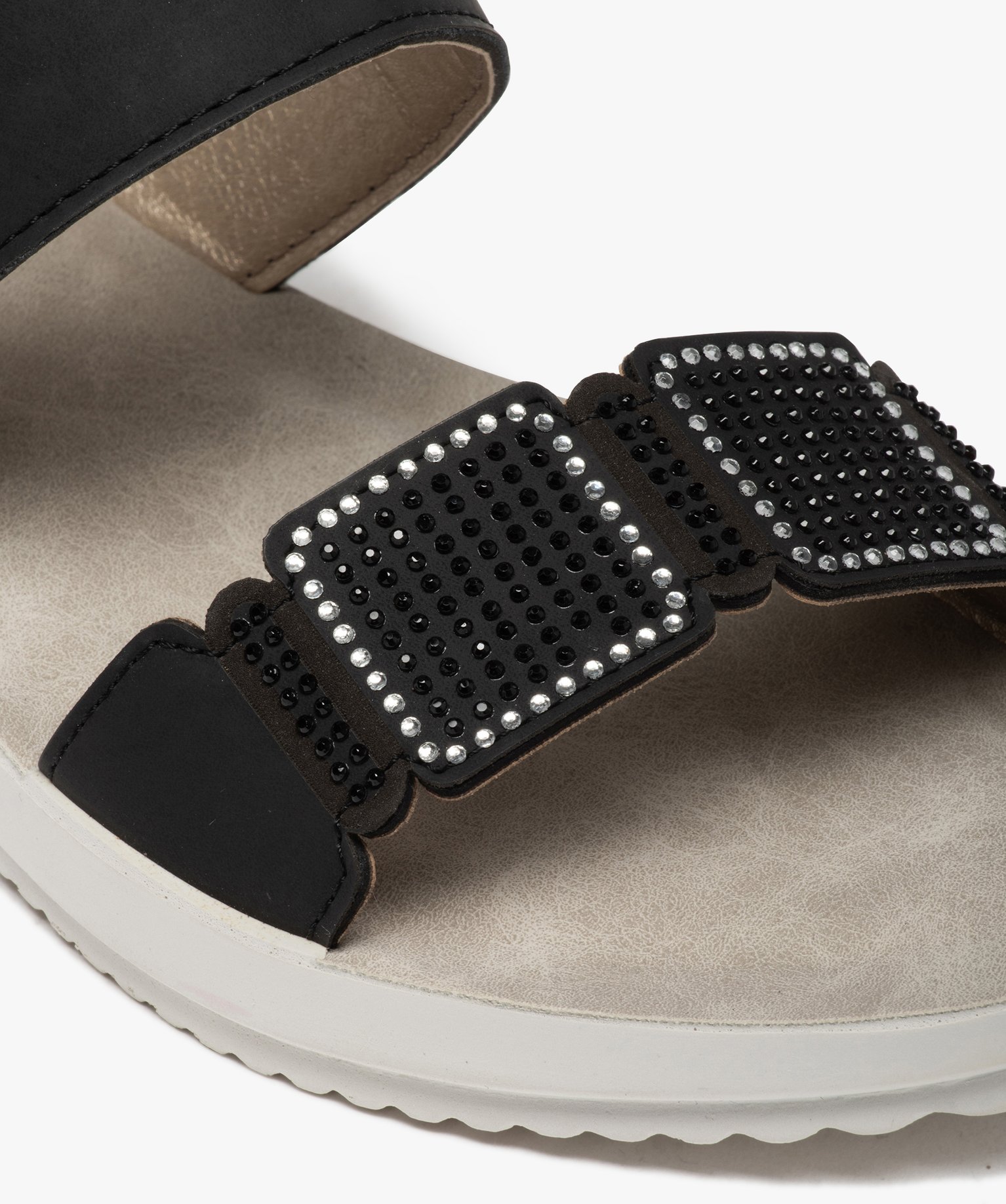 Sandales femme plates dessus uni à strass noir | GEMO