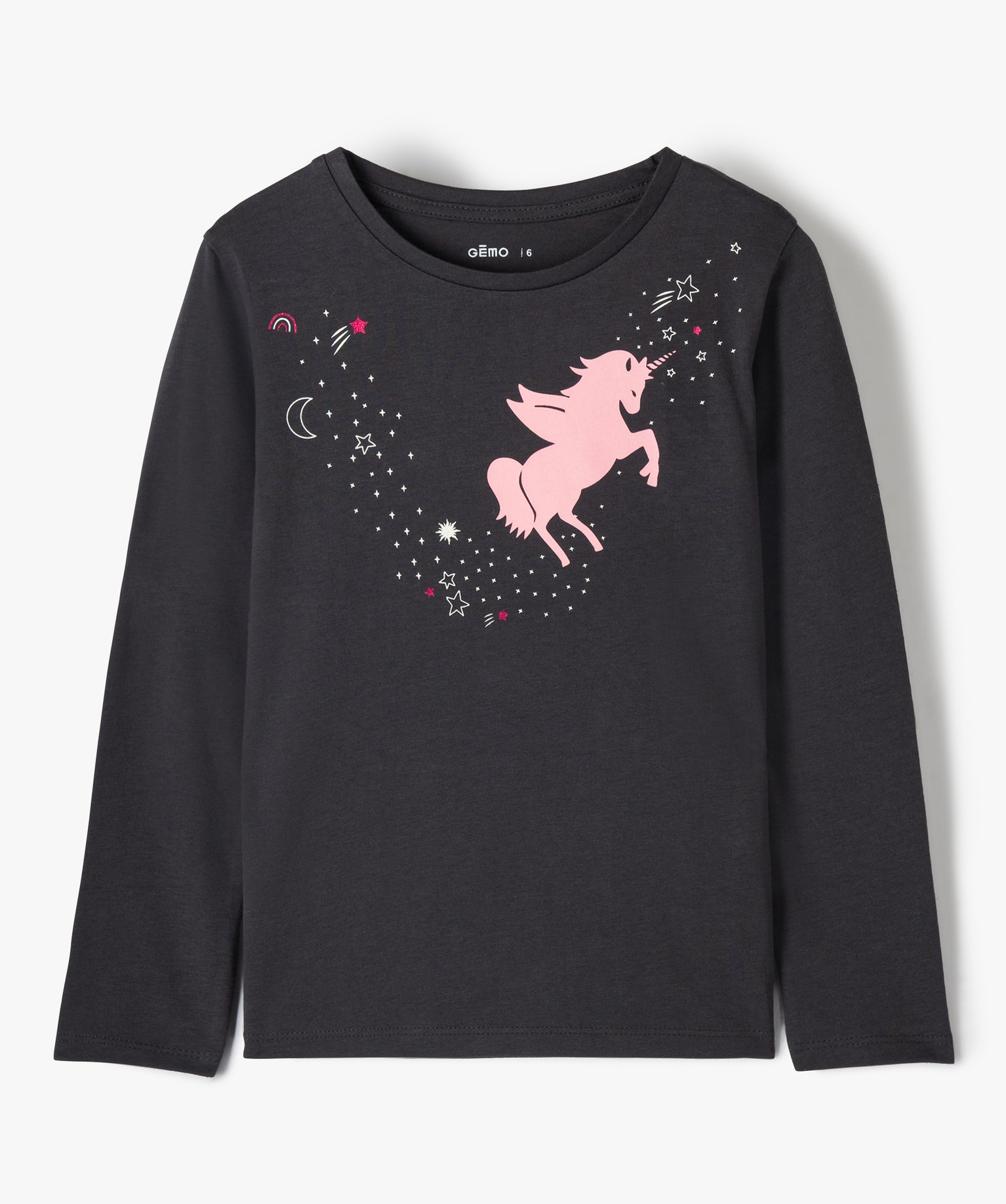 Tee-shirt fille à manches longues à motif fantaisie gris fonce | GEMO