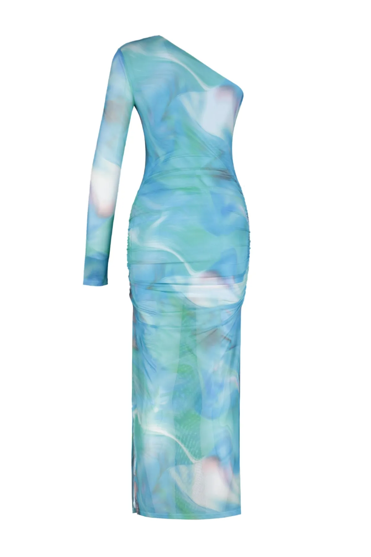 Trendyol Collection  Blaues, gemustertes, drapiertes, figurbetontes, flexibles Maxi-Bleistiftkleid aus Tüll TWOSS23EL01799