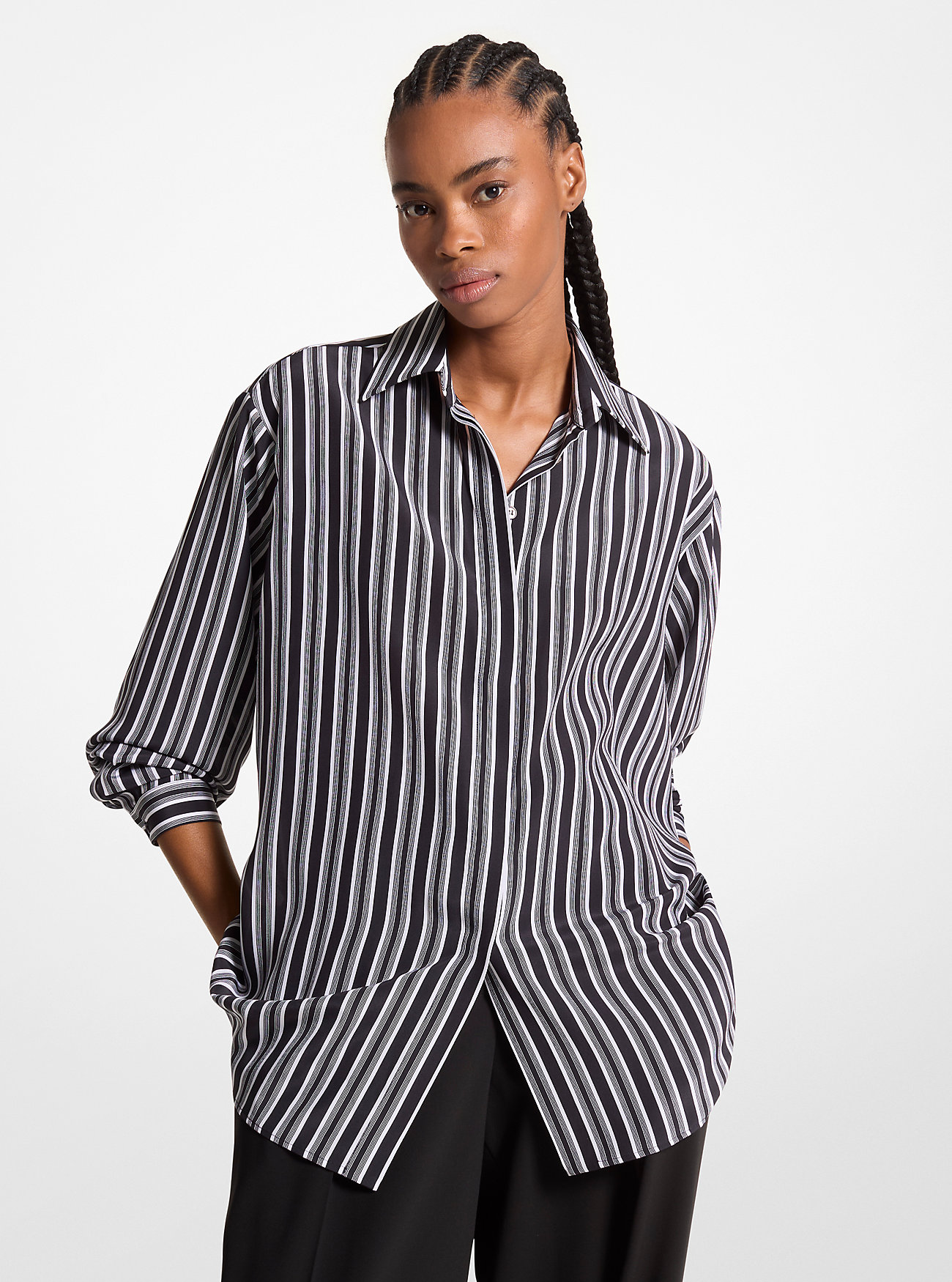 Stripete Silke Crepe De Chine Boyfriend-skjorte - SVART/HVIT