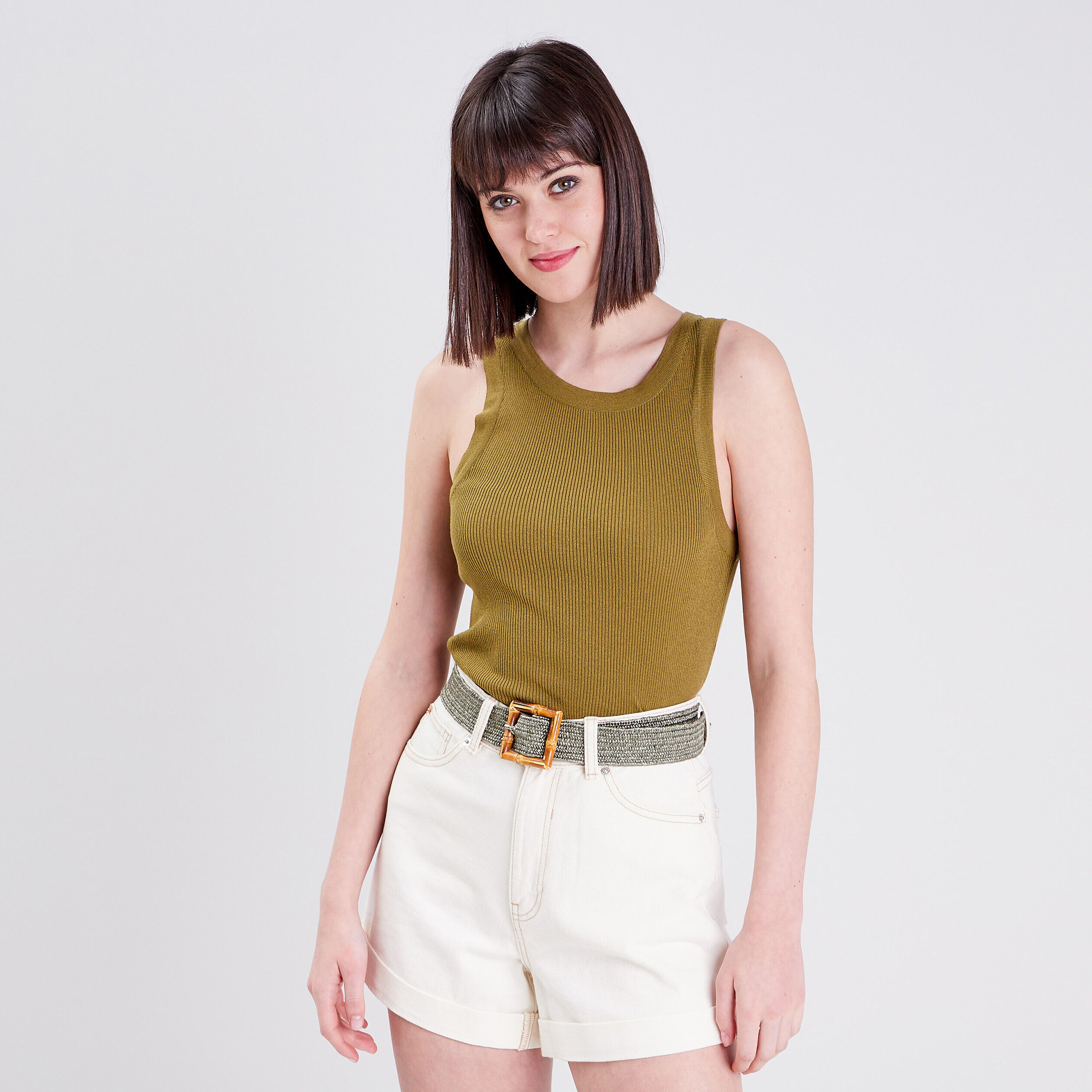 Pull débardeur côtelé vert olive femme | Cache Cache