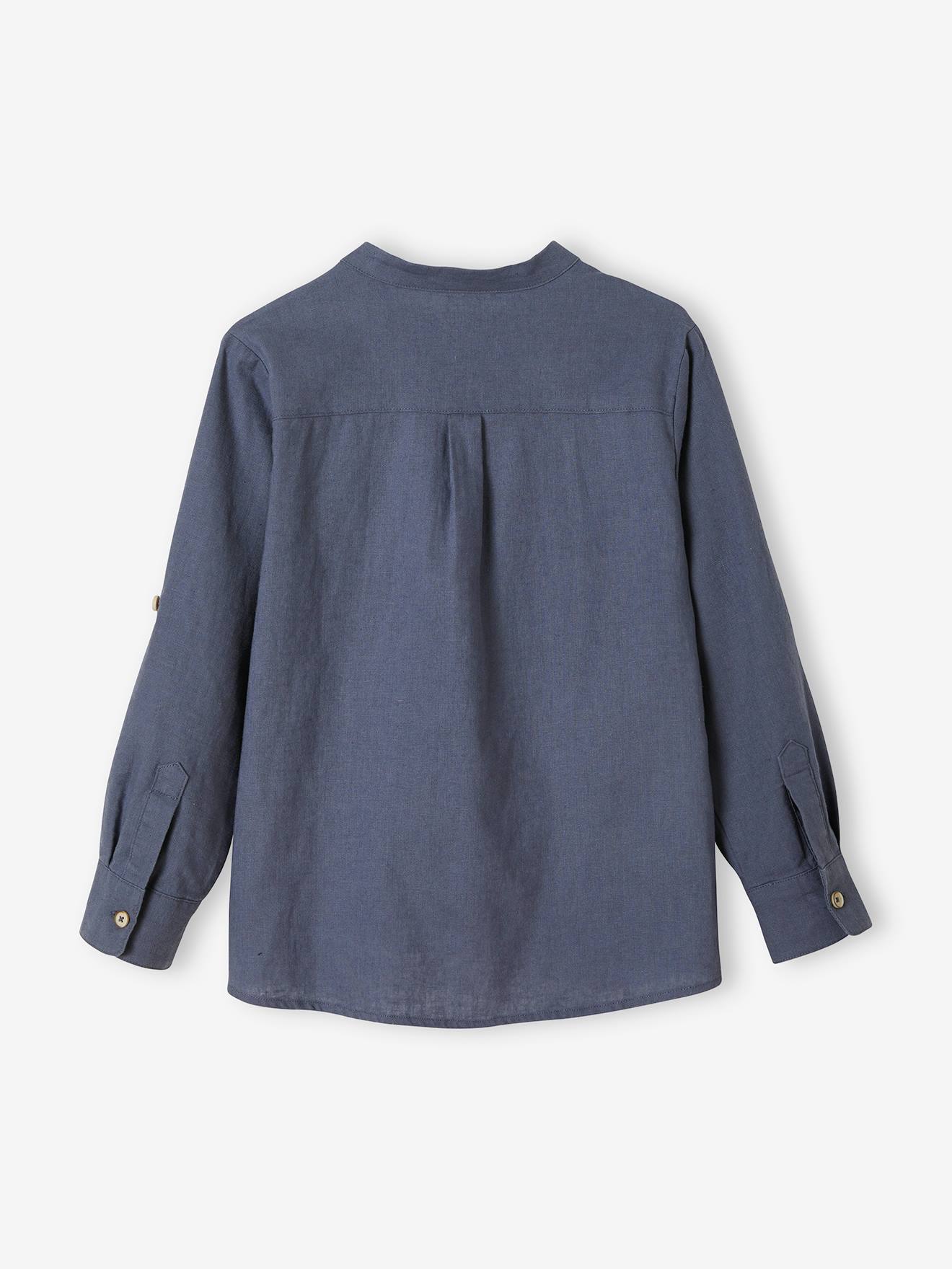 Chemise col Mao garçon en coton/lin manches longues vert