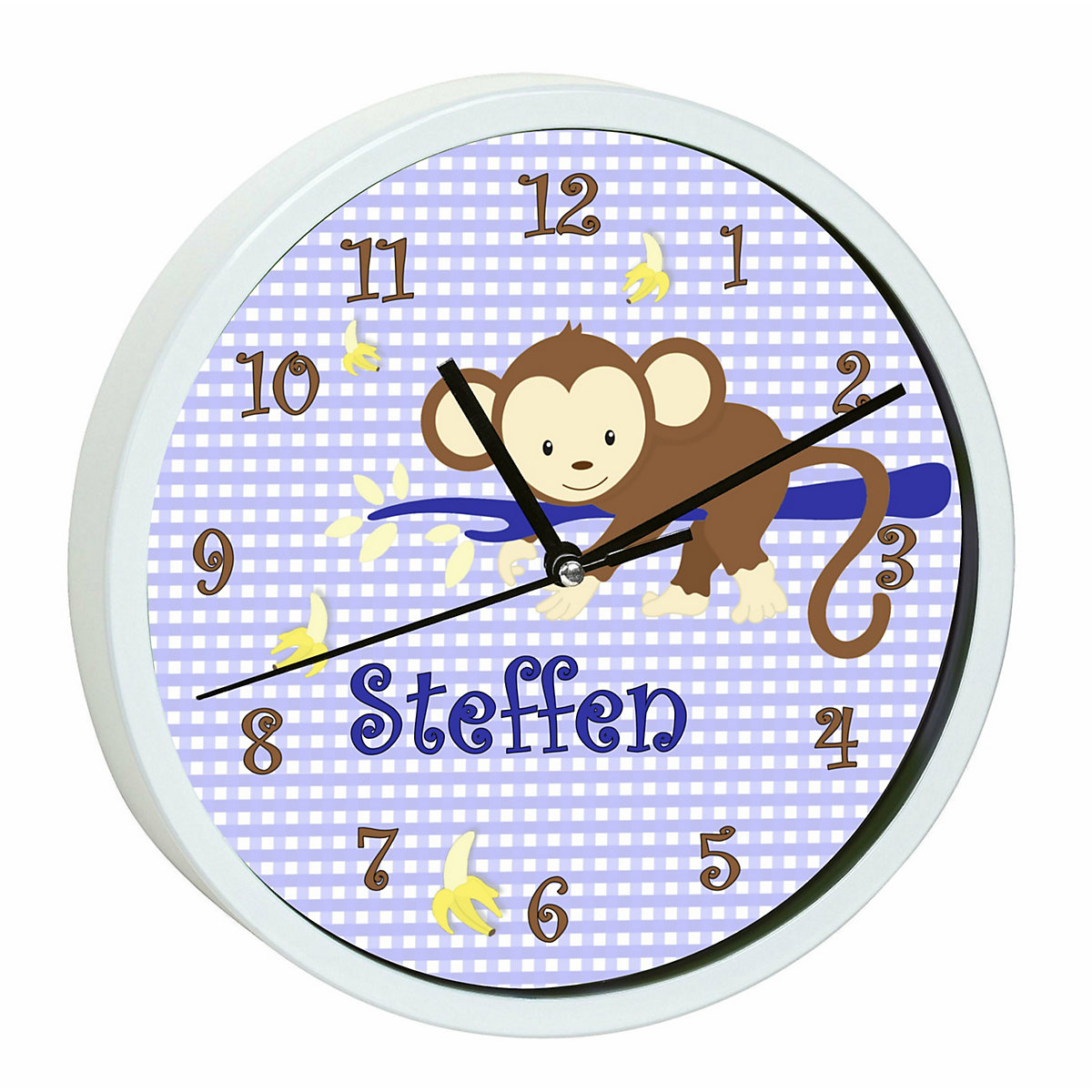 Kinder Wanduhr personalisiert mit Name Affe hängend Blau