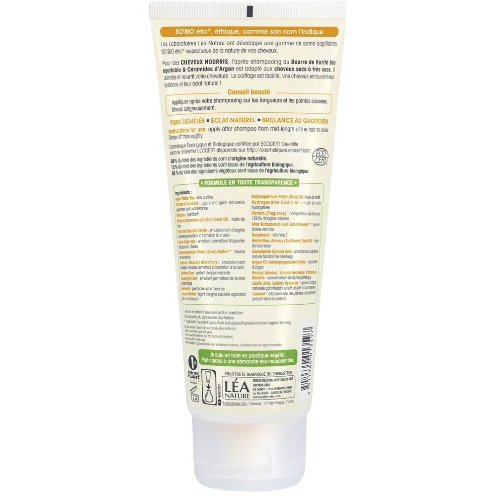 LÉA NATURE SO BiO étic Après-shampooing cheveux nourris, Karité bio & Céramides d'argan Après-shampooing