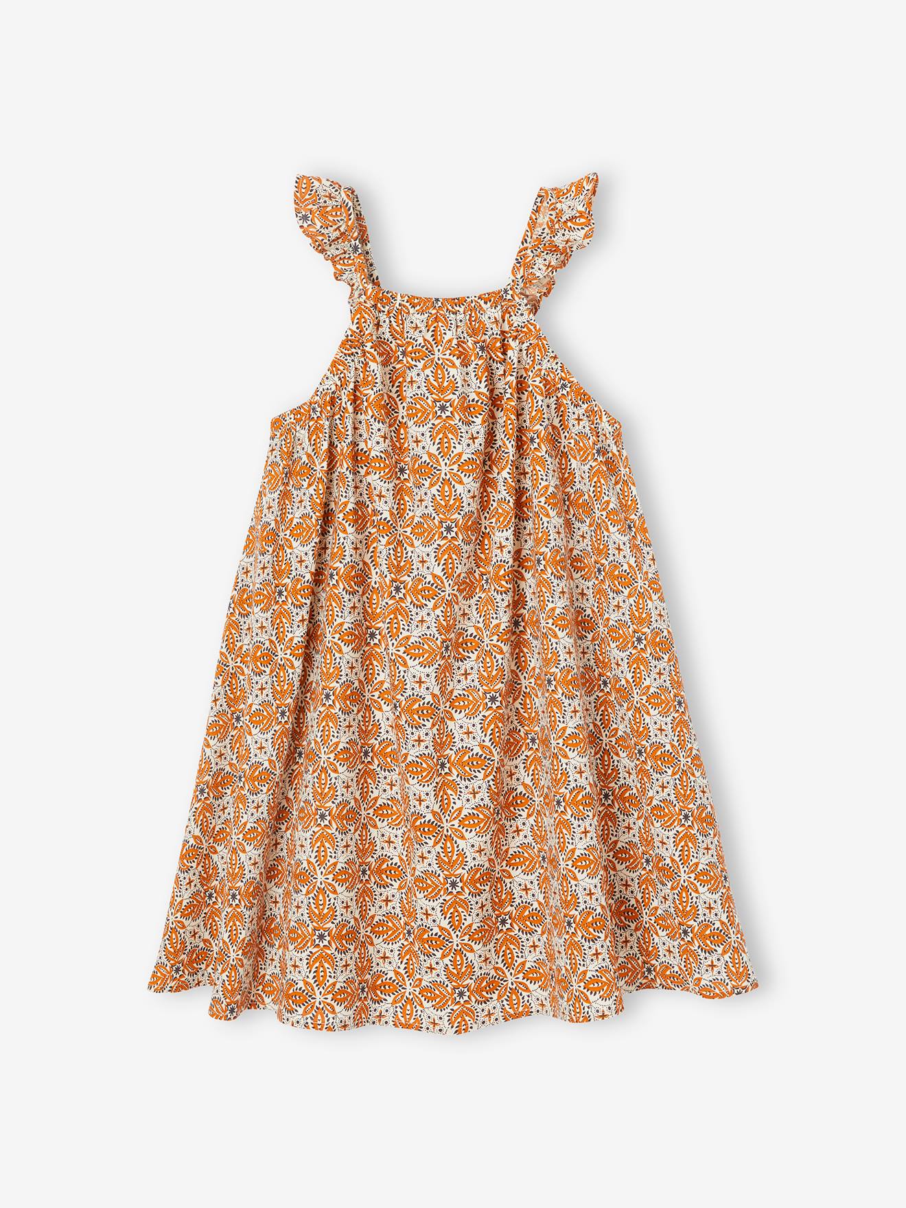 Robe à bretelles volantées imprimée ethnique fille écru