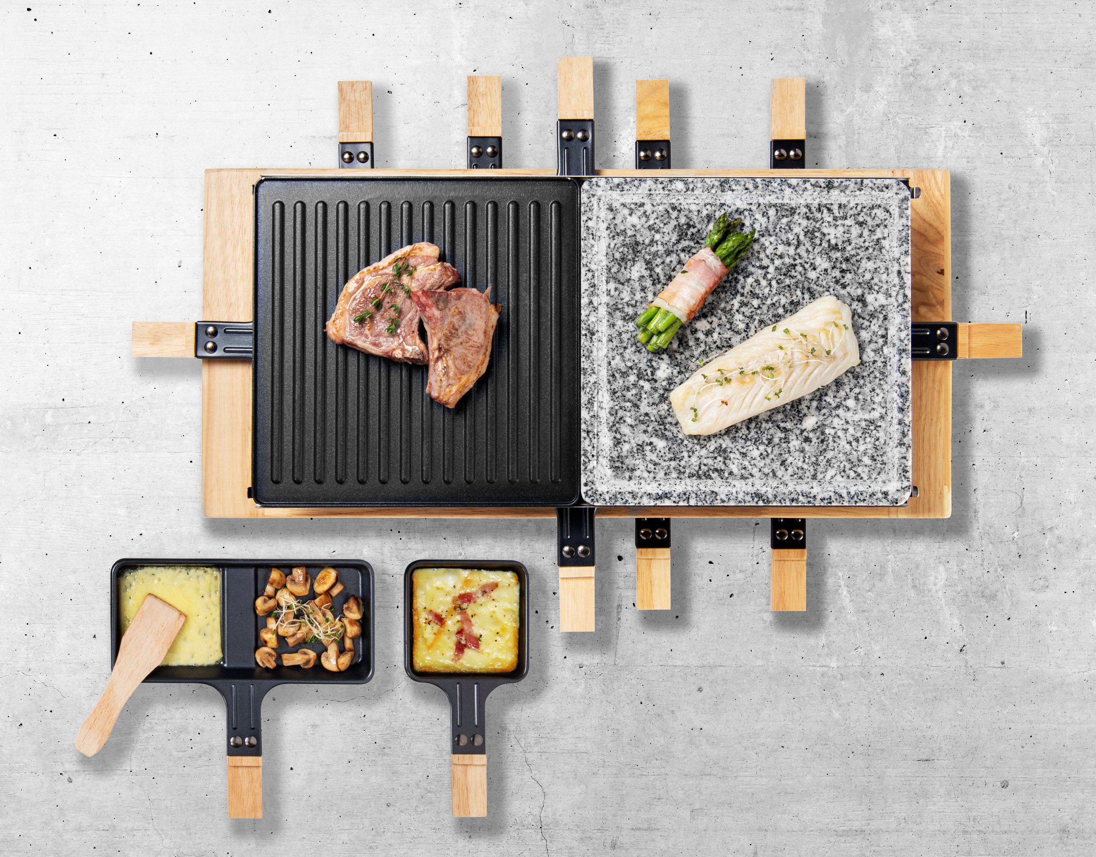bestron Raclette ARG300BW XL Bambus, 8 Raclettepfännchen, 1500 W, Naturstein- & antihaftbeschichtete Grillplatte, inkl. Pfännchen-Set