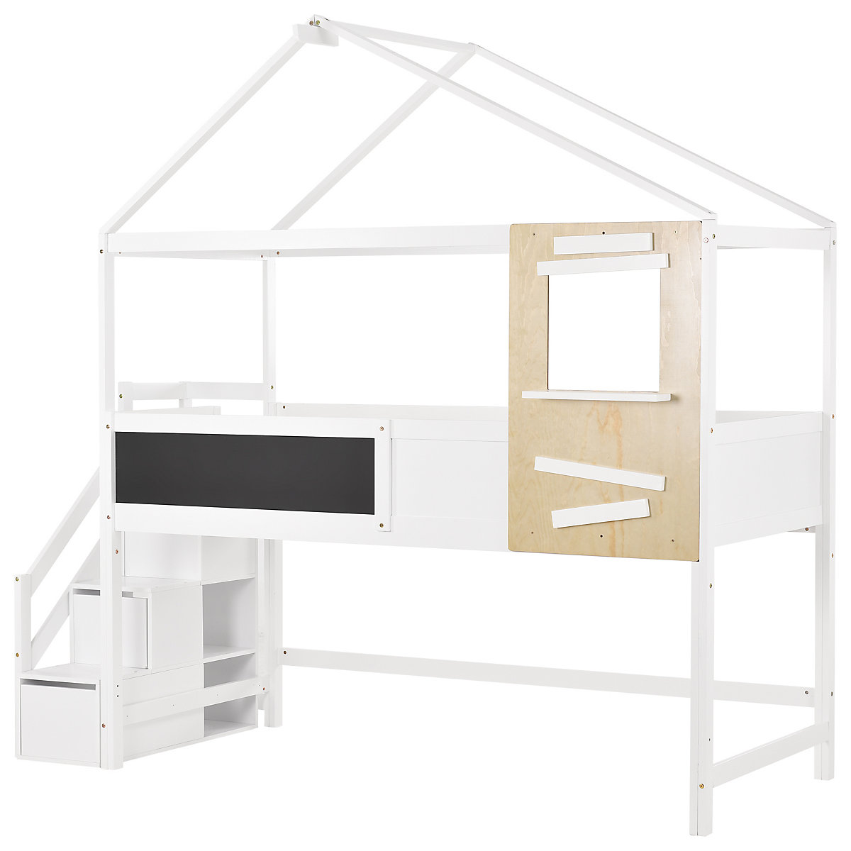 Hochbett 90x200cm mit Treppenschublden und Tafeln aus Massivholz, Kinderbett Spielbett