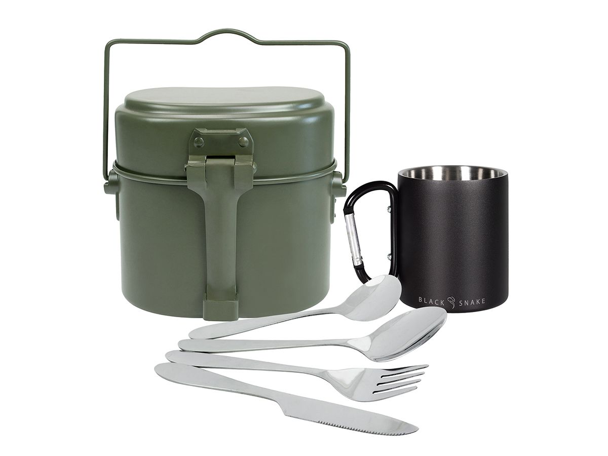 Black Snake Kochgeschirr mit Stahl Essbesteck und Tasse