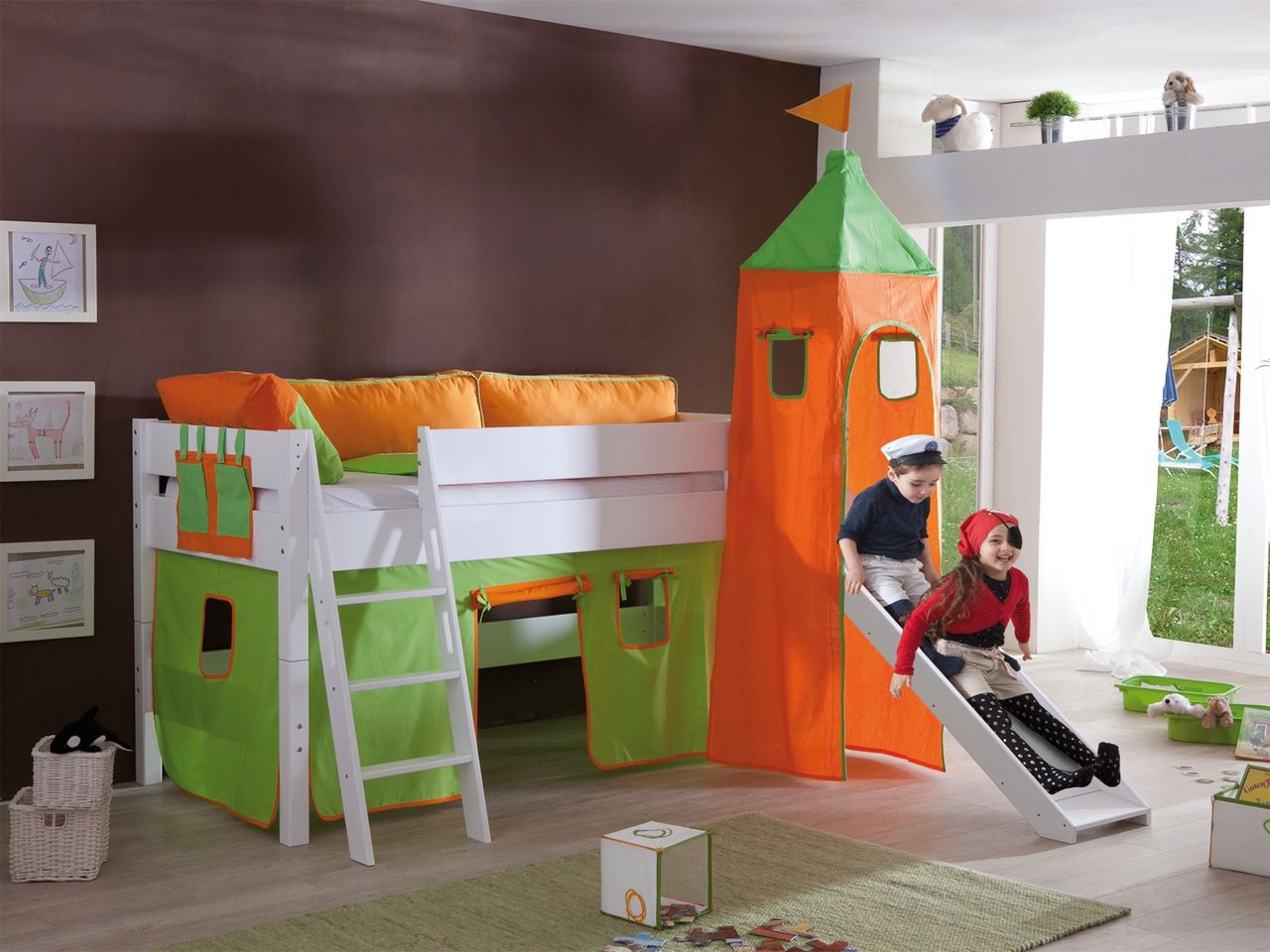 Relita Spielbett KIM 90x200 cm, mit Rutsche,Turm Buche massiv weiß lackiert Stoffset grün/orange