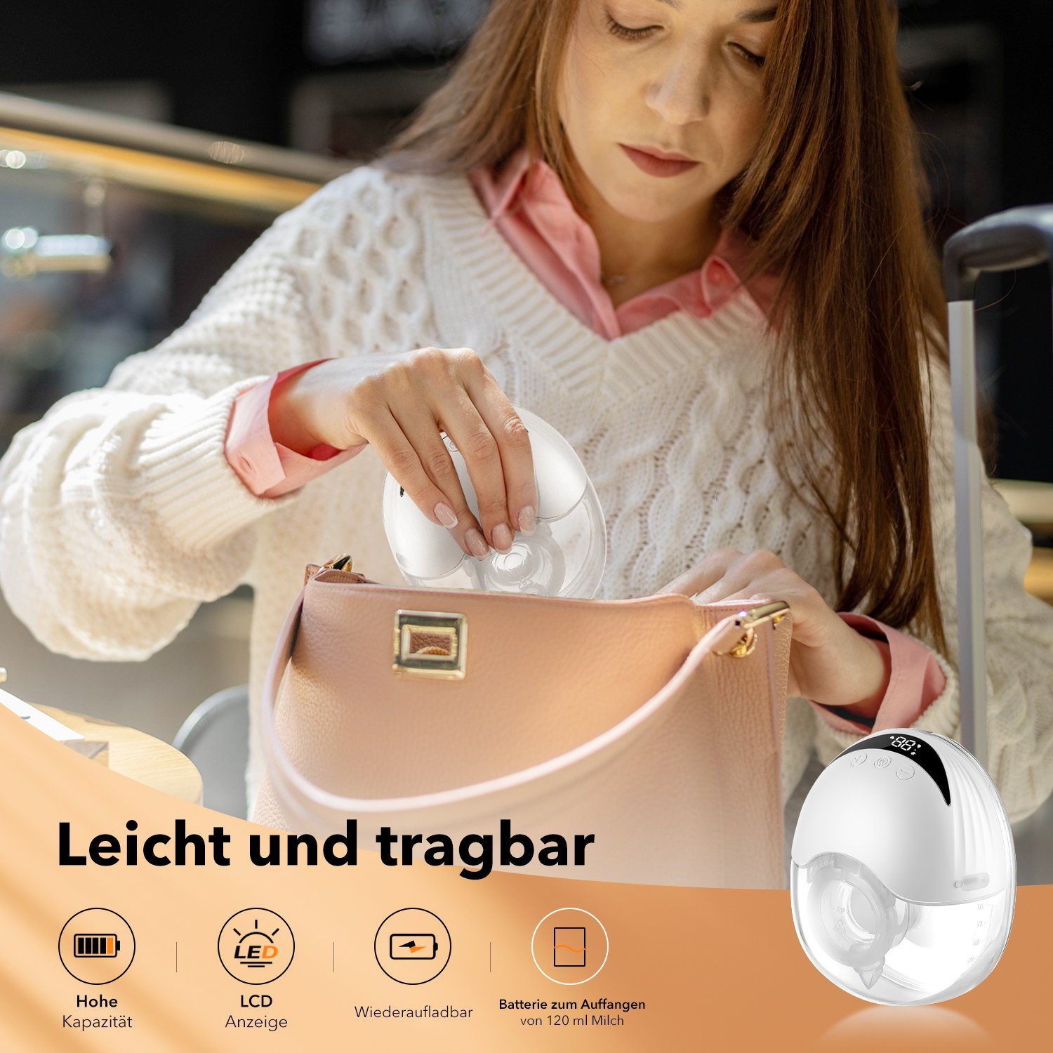 LETGOSPT Elektrische Milchpumpe Tragbar mit 4 Modi & 12 Stufen, Freihändige Milchpumpe mit LED-Anzeige, Set, BH Einstell Schnalle/Auslaufsicher/Geräuscharm/Schmerzfrei (1er-Pack)