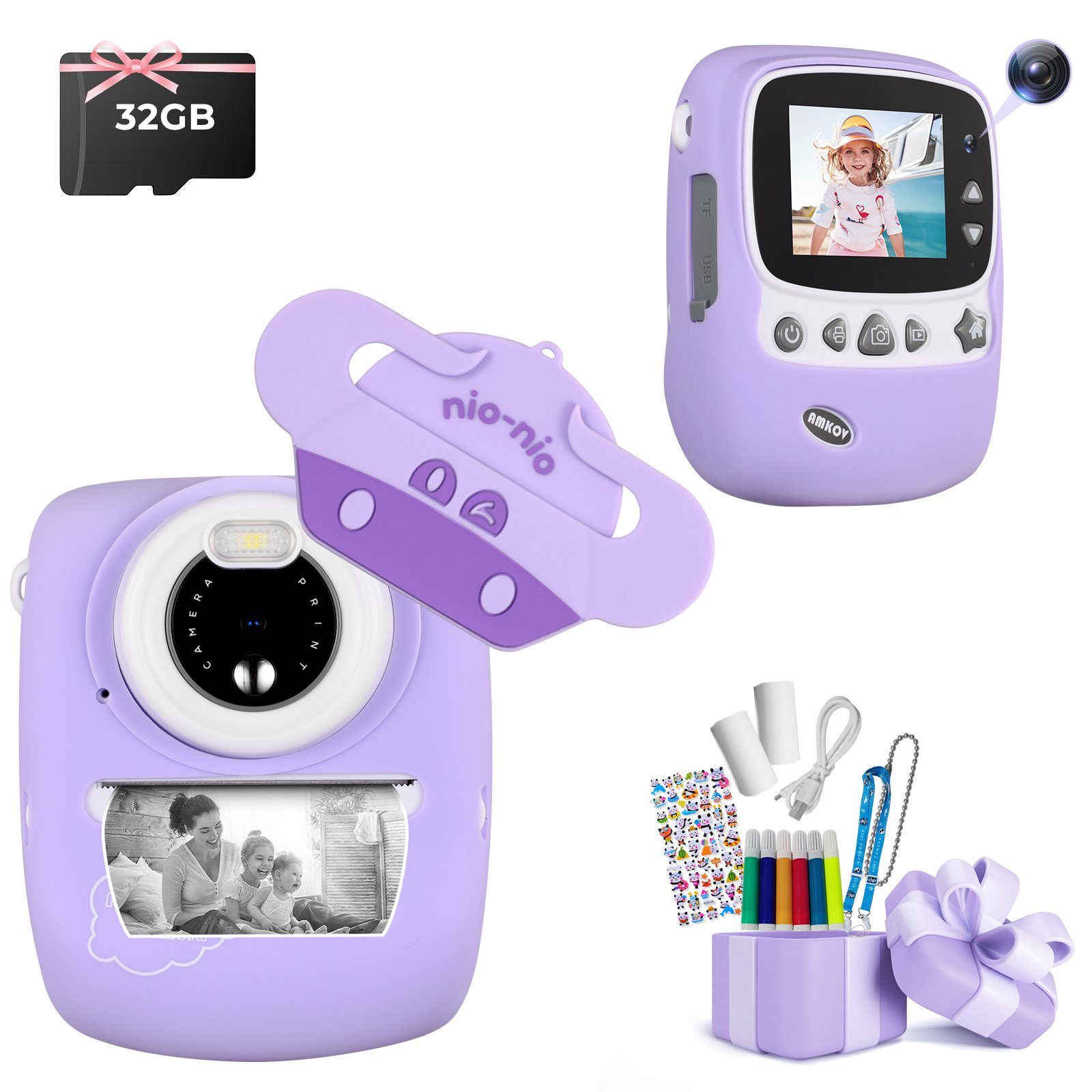 Fine Life Pro CD-P01B Kinderkamera (30 MP, 16x opt. Zoom, WLAN (Wi-Fi), inkl. 6 farbigen Pinselstiften + 2 Rollen Druckpapier + Aufkleber, Videoaufnahmen mit Ton in Full HD, automatische Abschaltung, automatische Blitzzuschaltung)