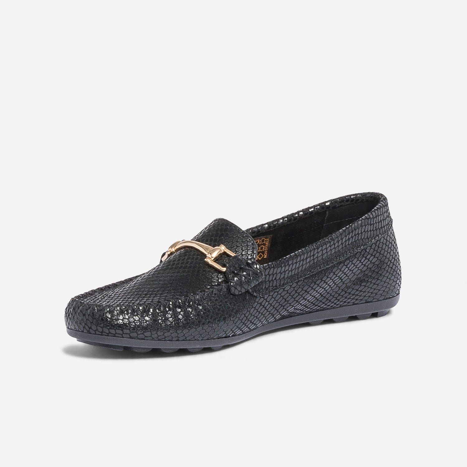 Mocassin noir en cuir velours effet python