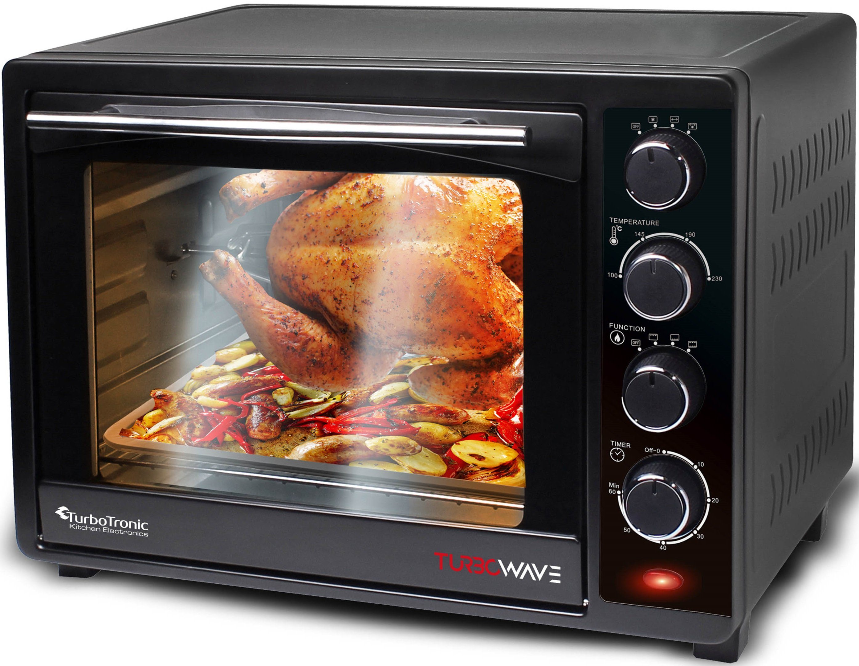 TurboTronic by Z-Line Minibackofen 35 Liter Schwarz, inkl. 1x Grillrost & 2x Backblech 1600W Camping, Pizzaofen 100-230°C Tischbackofen, mit Drehspieß