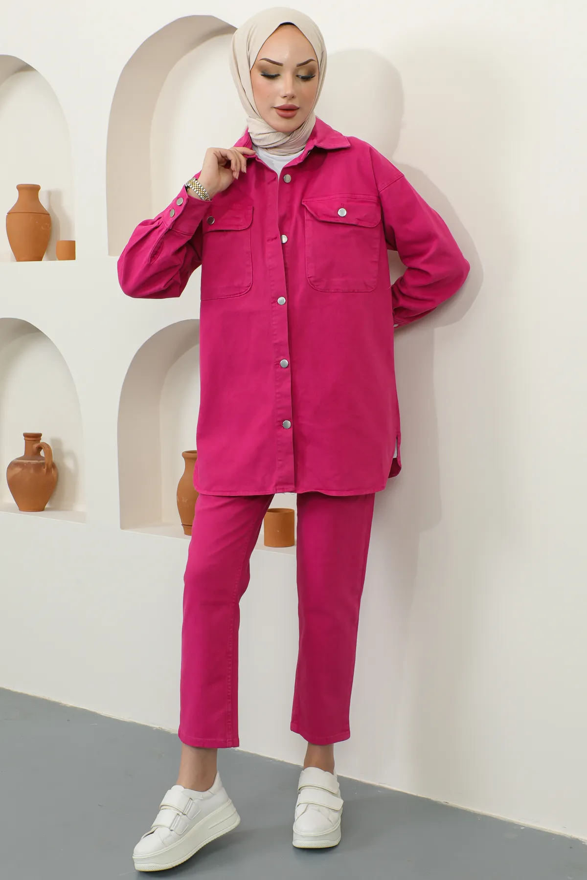 benguen  8175 Jacke Hose Hijab Doppel Jeans Set Fuchsia