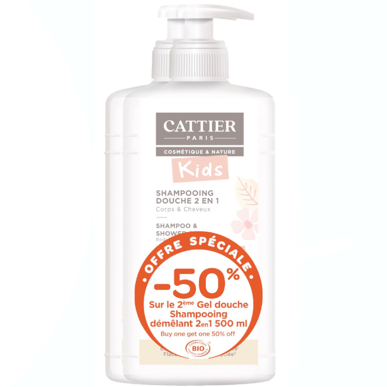Cattier Shampooing Douche 2en1 Corps & Cheveux - Fleurs de Guimauve 2x 500 ml