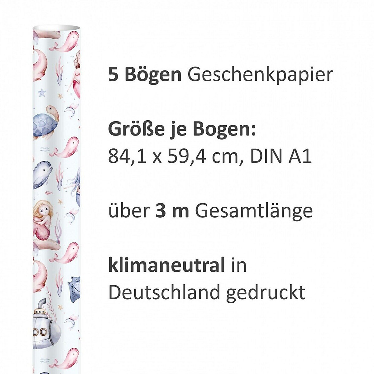 Geschenkpapier 5 Bögen Meerjungfrau – 1,60€/qm Größe: - 84,1 x 59,4 cm Geschenkpapier