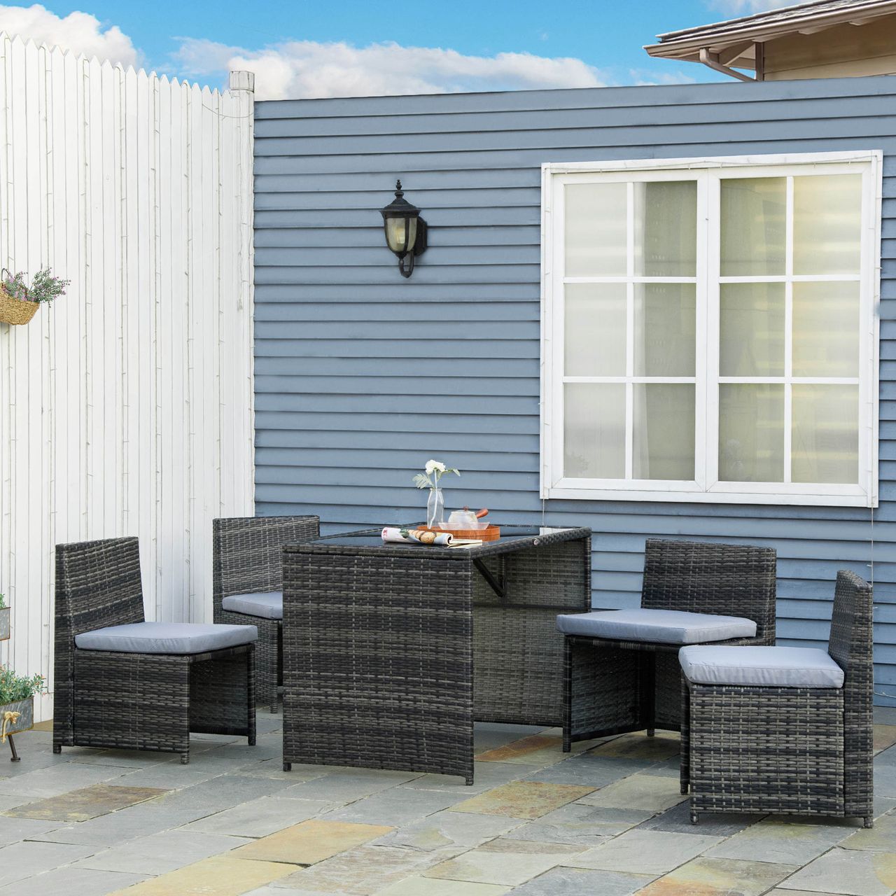 Outsunny 5tlg. Polyrattan Gartenmöbel Rattan Essgruppe Gartenset Grau