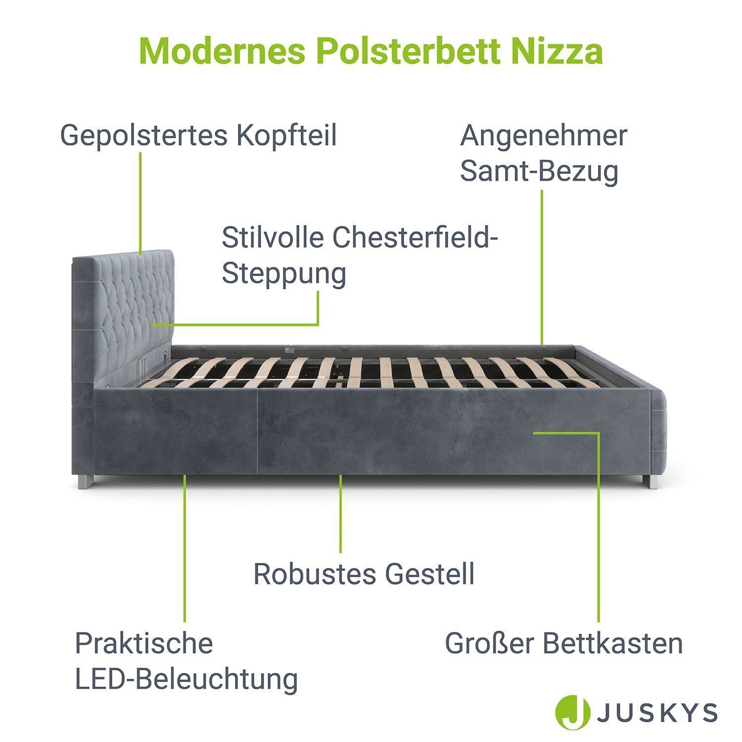 Juskys Polsterbett Nizza, Bettkasten, LED Licht, Chesterfield Steppung, Samtbezug