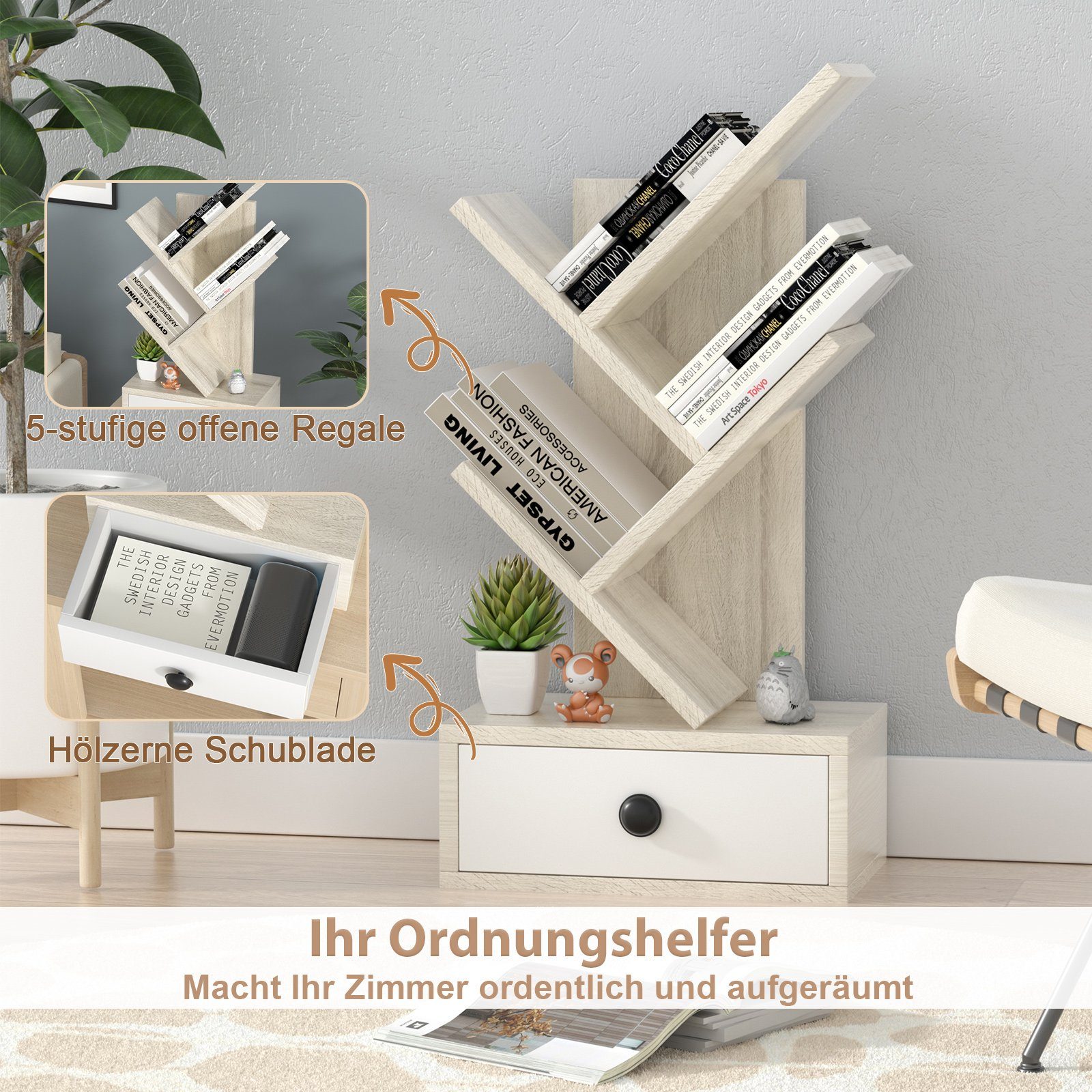 COSTWAY Bücherregal, stehend, in Baumform, mit Schublade, Holz, 30x17,5x60cm