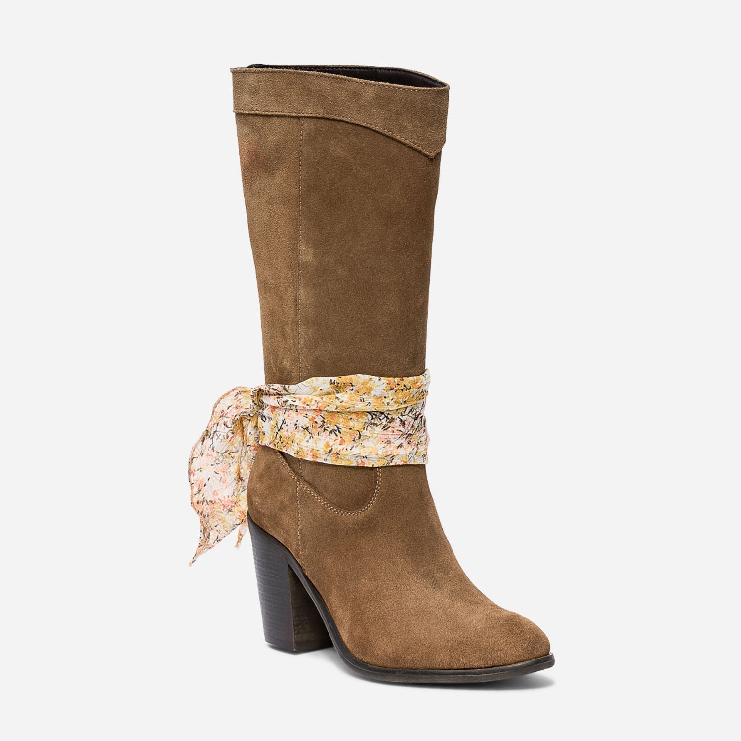 Botte courte TEXTO camel en cuir velours avec ruban