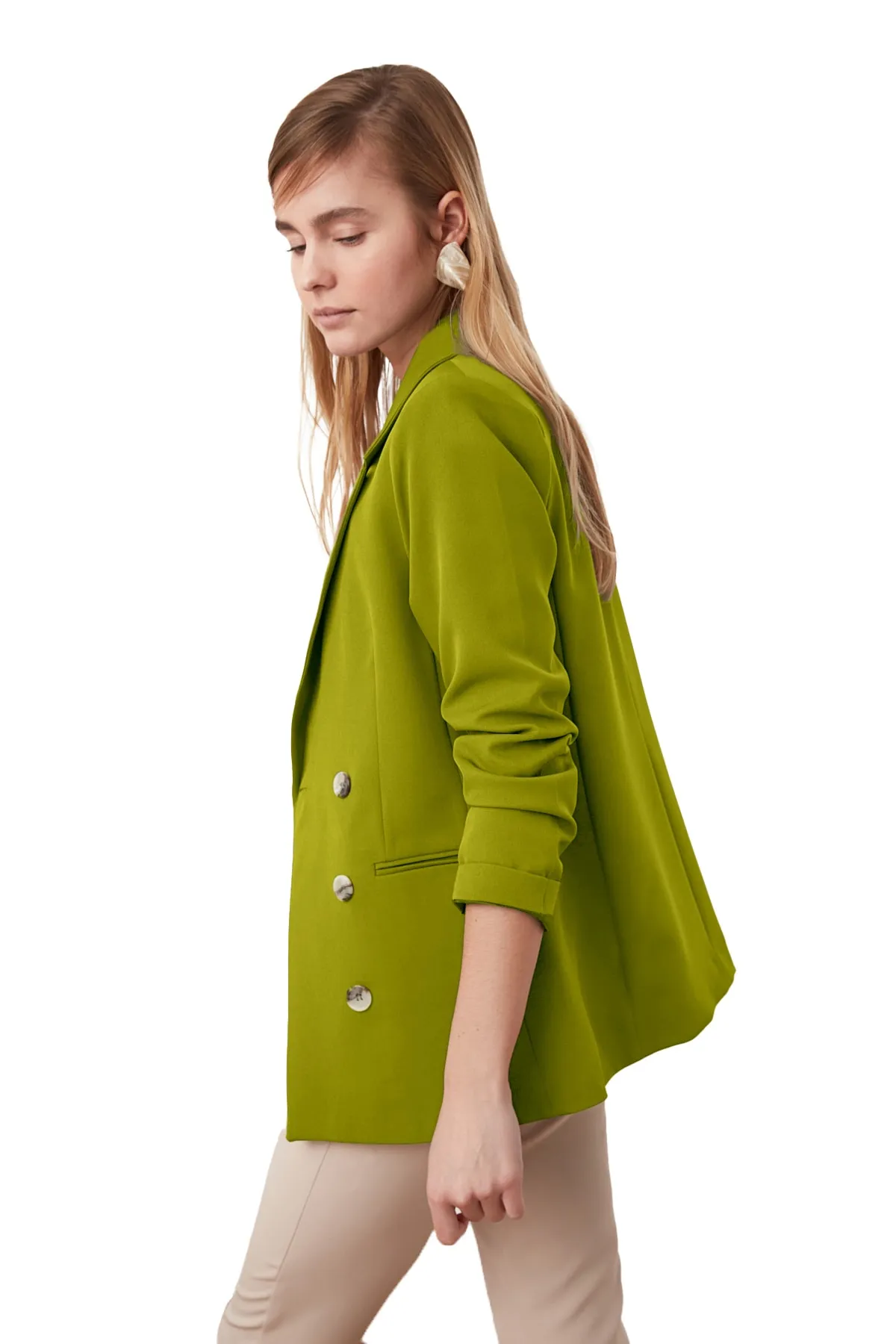 Trendyol Collection  Khakifarbene, gefütterte, zweireihige Blazerjacke aus Webstoff mit Knopfleiste TWOSS21CE0029