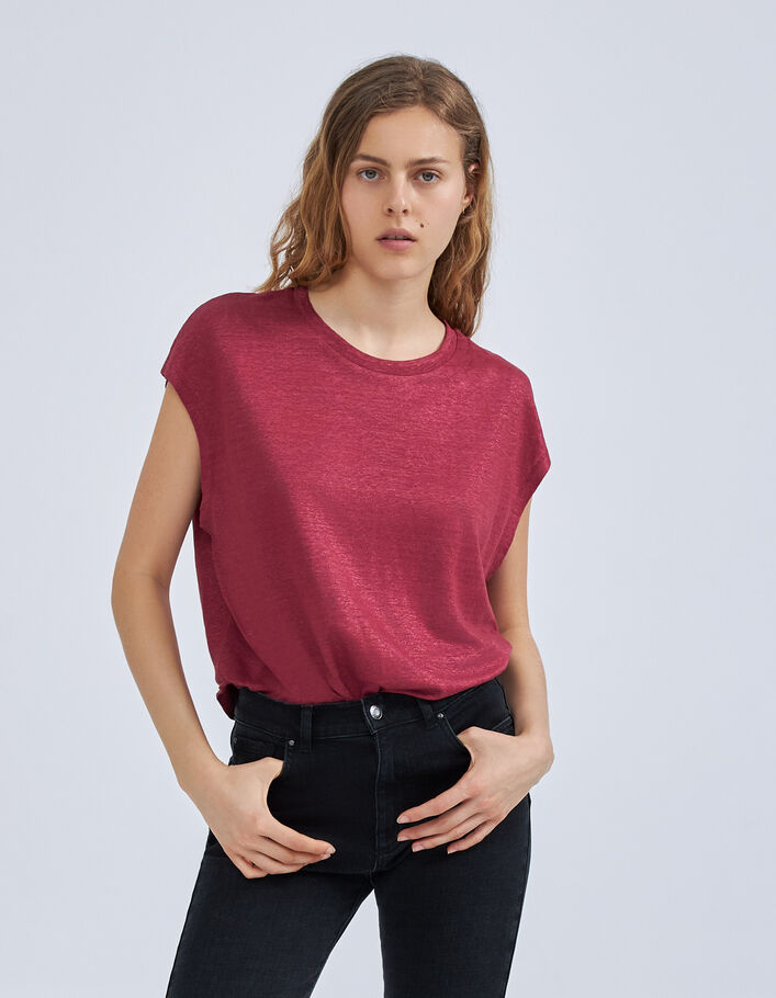 Tee-shirt bordeaux maille de lin irisée brodée Femme