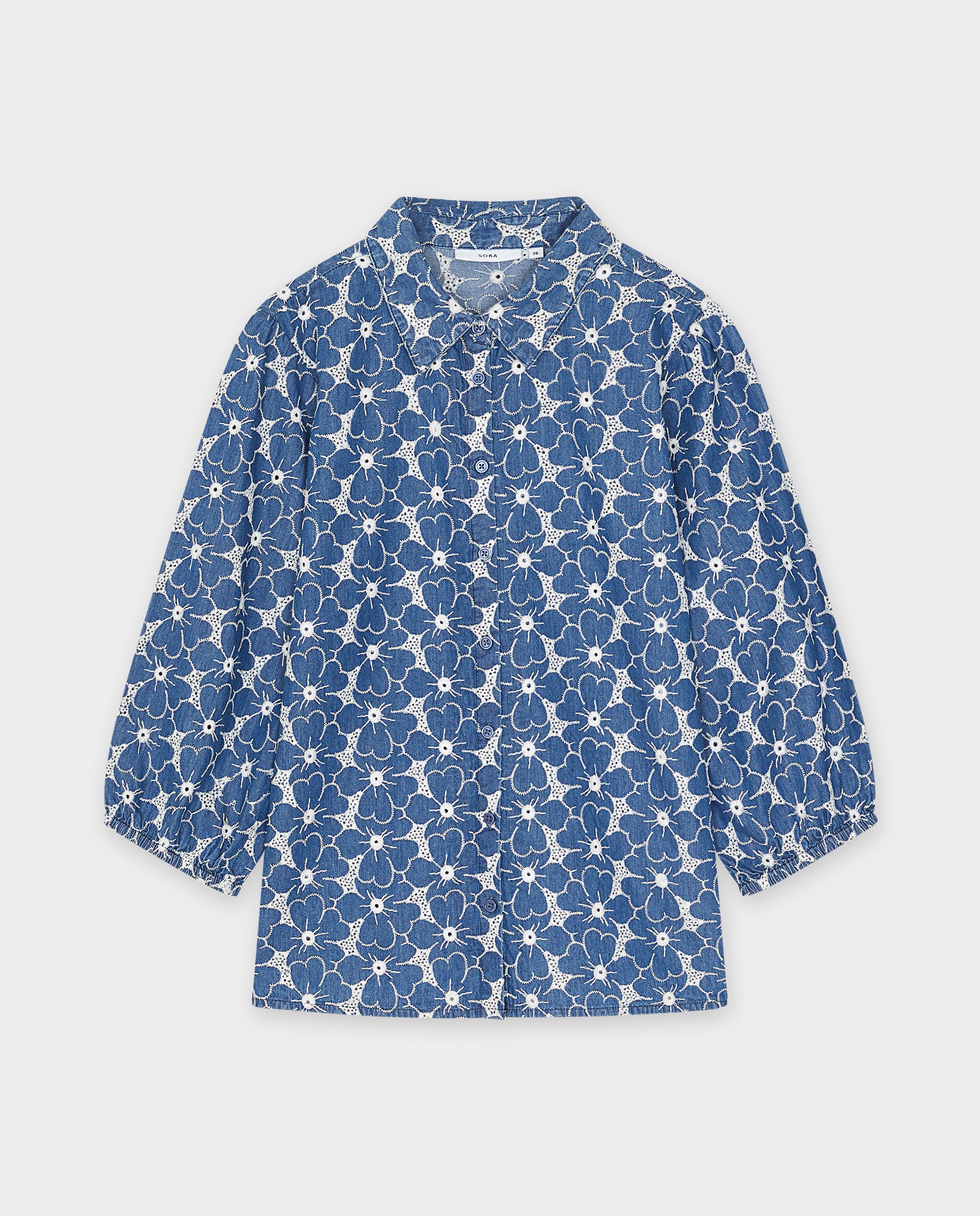 Sora blus med broderade blommor mörkblå