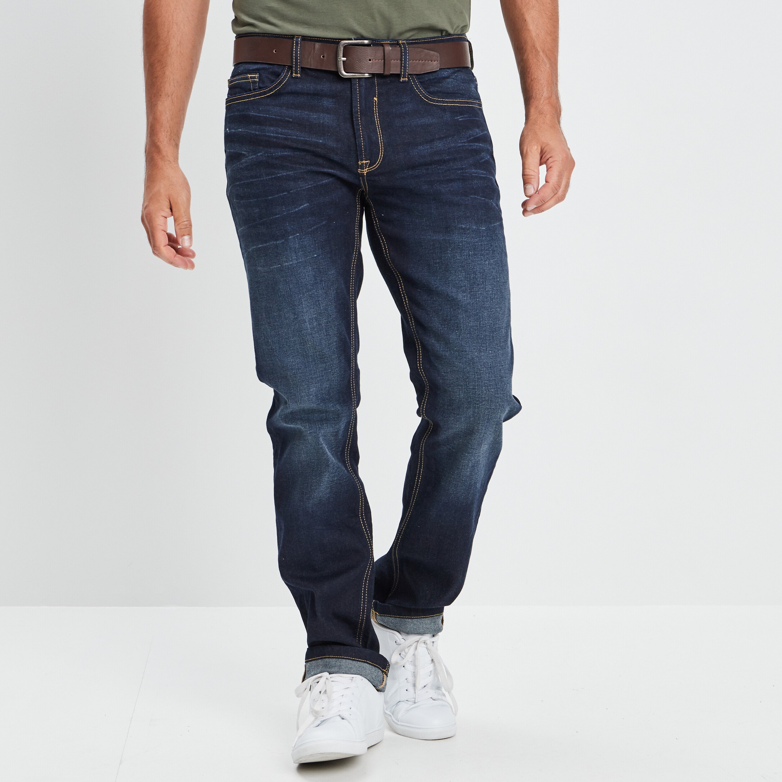Jeans regular ceinturé denim brut homme | La Halle