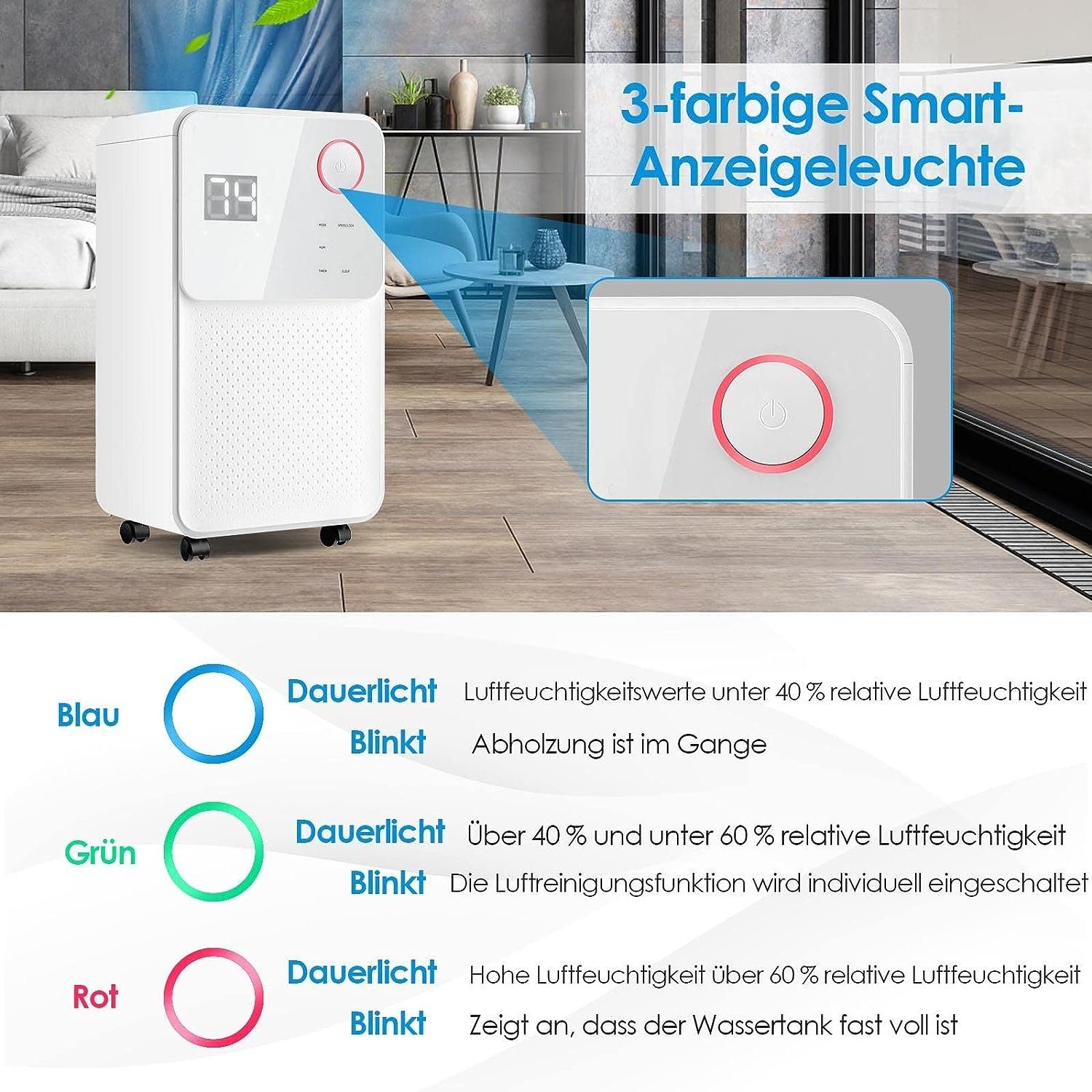 KOMFOTTEU Luftentfeuchter, für 15 m³ Räume, Entfeuchtung 12,00 l/Tag, Tank 2,00 l