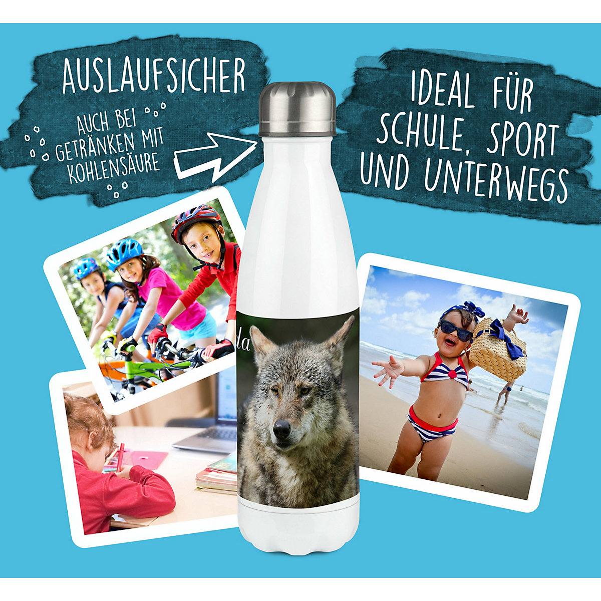Edelstahl Kinder Thermoflasche / Trinkflasche bunt Wolf Spülmaschinenfest, Auslaufsicher, Bruchfest, Doppelwandig, Für Heißgetränke geeignet, Mit Deckel, Isoliert