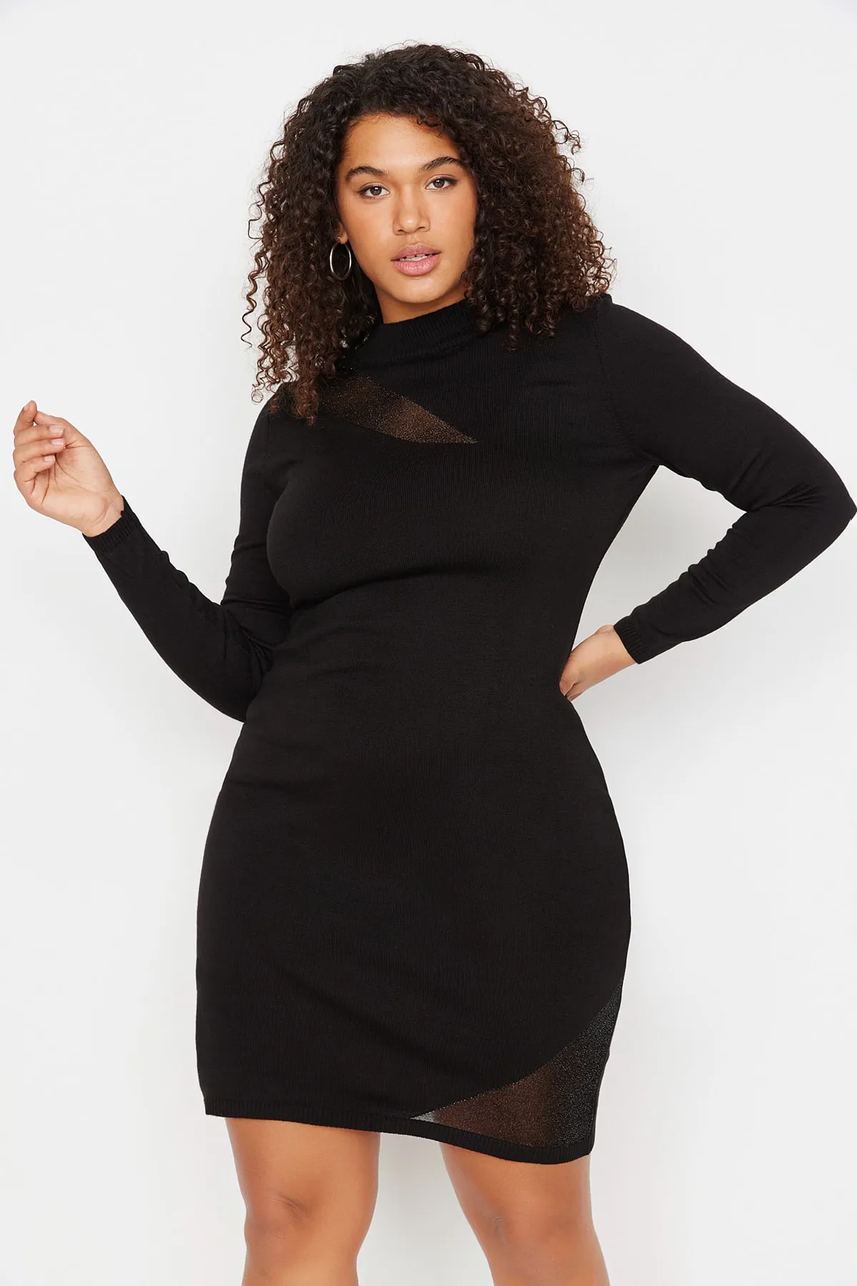 Trendyol Curve  Schwarzes, transparentes, detailliertes, figurbetontes Strickkleid mit hohem Kragen TBBAW23AH00180