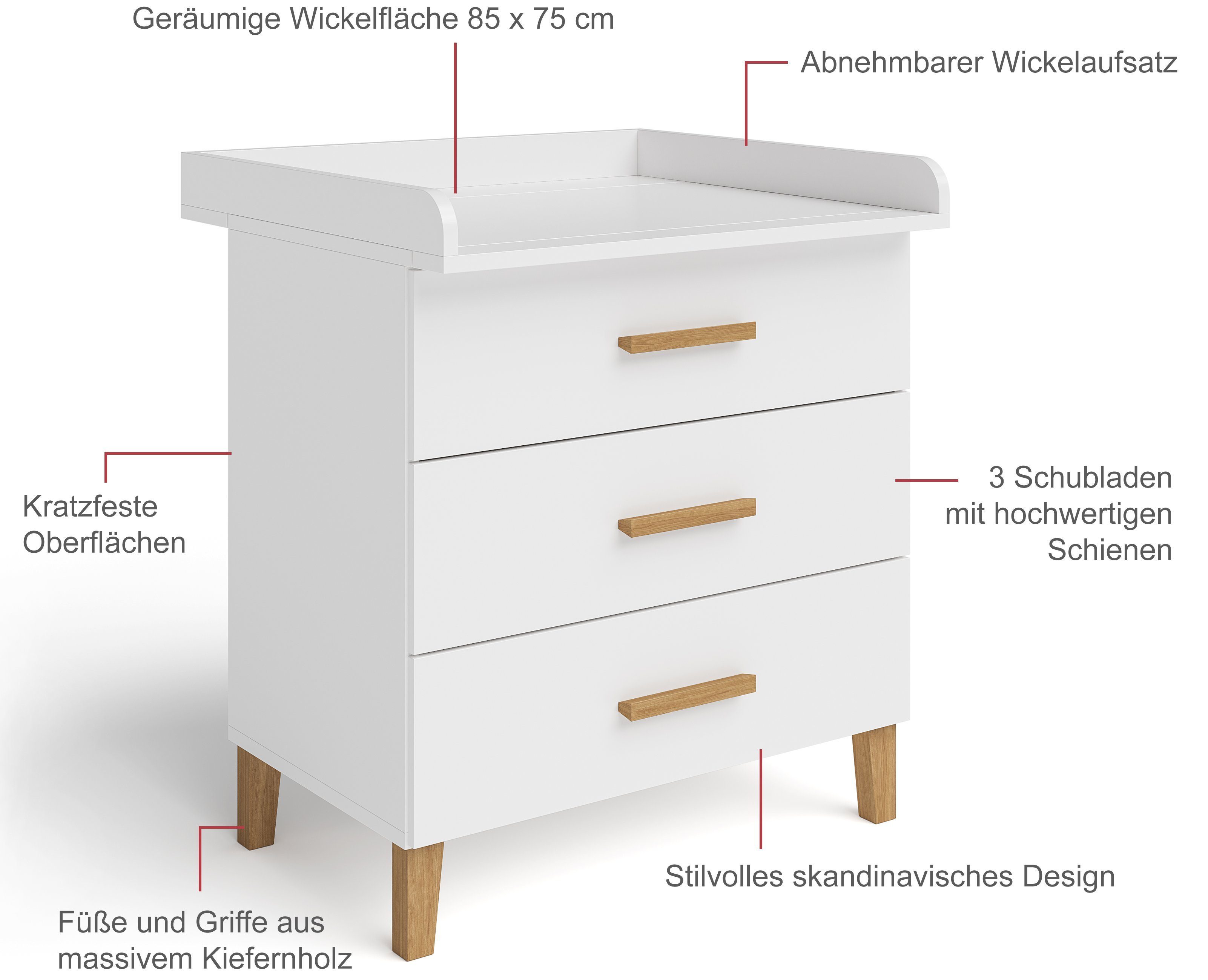 Bellabino Wickelkommode Liri, mit abnehmbaren Wickelaufsatz, 3 Schubladen, weiß/natur