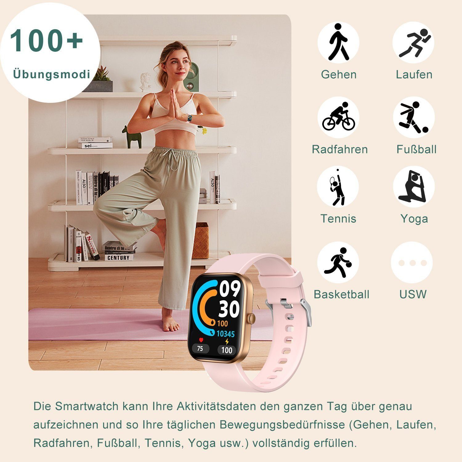 IBETTER Smartwatch Damen Herren Smartwatch (2.0'' HD Voll Touchscreen Zoll Zoll) Fitnessuhr mit Telefonfunktion WhatsApp Notiz mit deutscher Bedienungsanleitung, Herzfrequenzmesser,mit Blutsauerstoff Pulsmesser Sportuhr Schrittzähler Schlafmonitor Ak