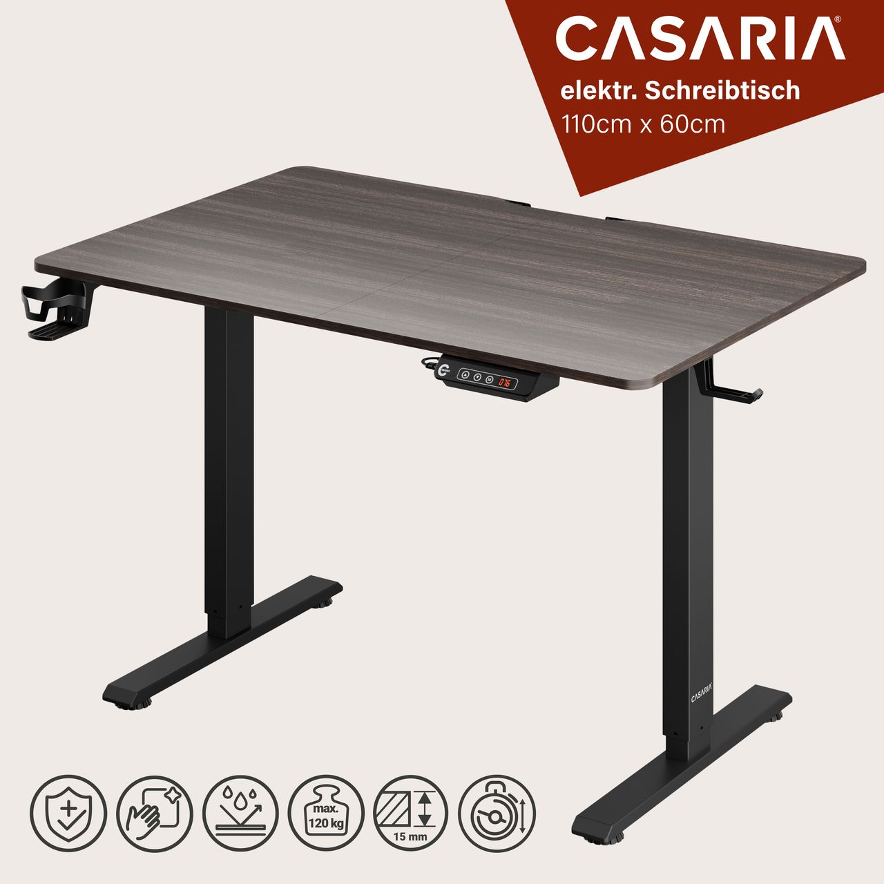 Casaria Höhenverstellbarer Schreibtisch Braun 110x60x73-118cm