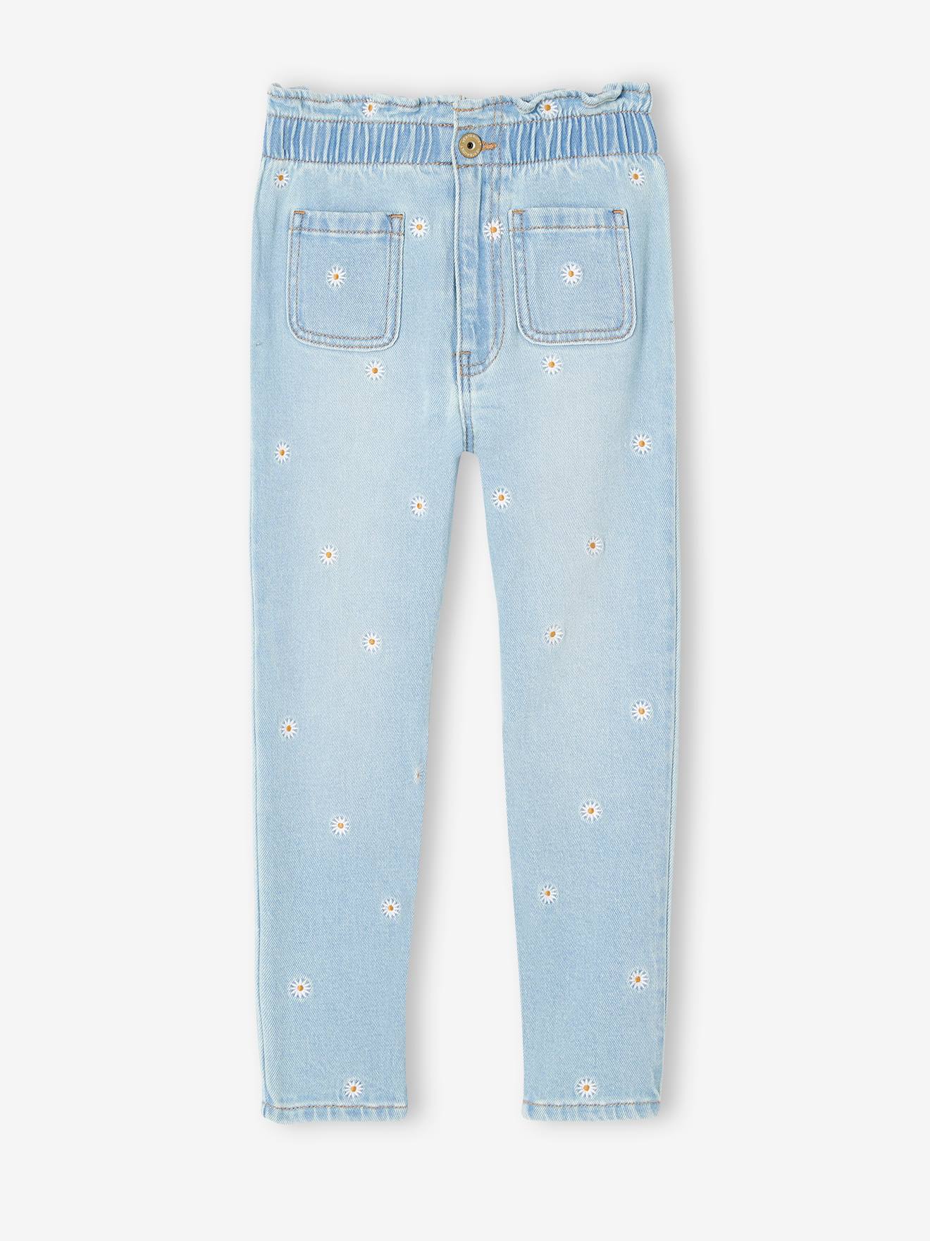 Jean paperbag brodé fleurs fille bleu jean