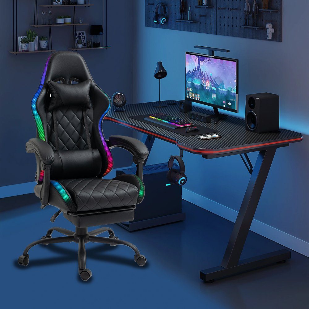 Delman Gaming-Stuhl Bürostuhl Gaming Stuhl mit LED, RGB Beleuchtung, Drehstuhl, dicke Polsterung, Metallfußkreuz, Fußstütze 02-0055
