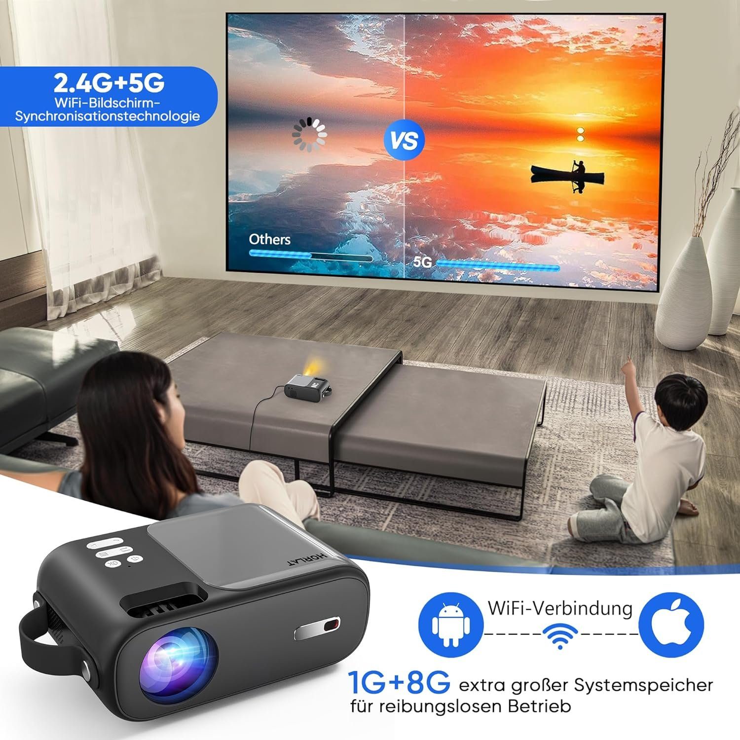 HORLAT Portabler Projektor (9000 lm, 720P px, Full HD 720P Projektor mit ±15° Trapezkorrektur, Heimkino Projektor)