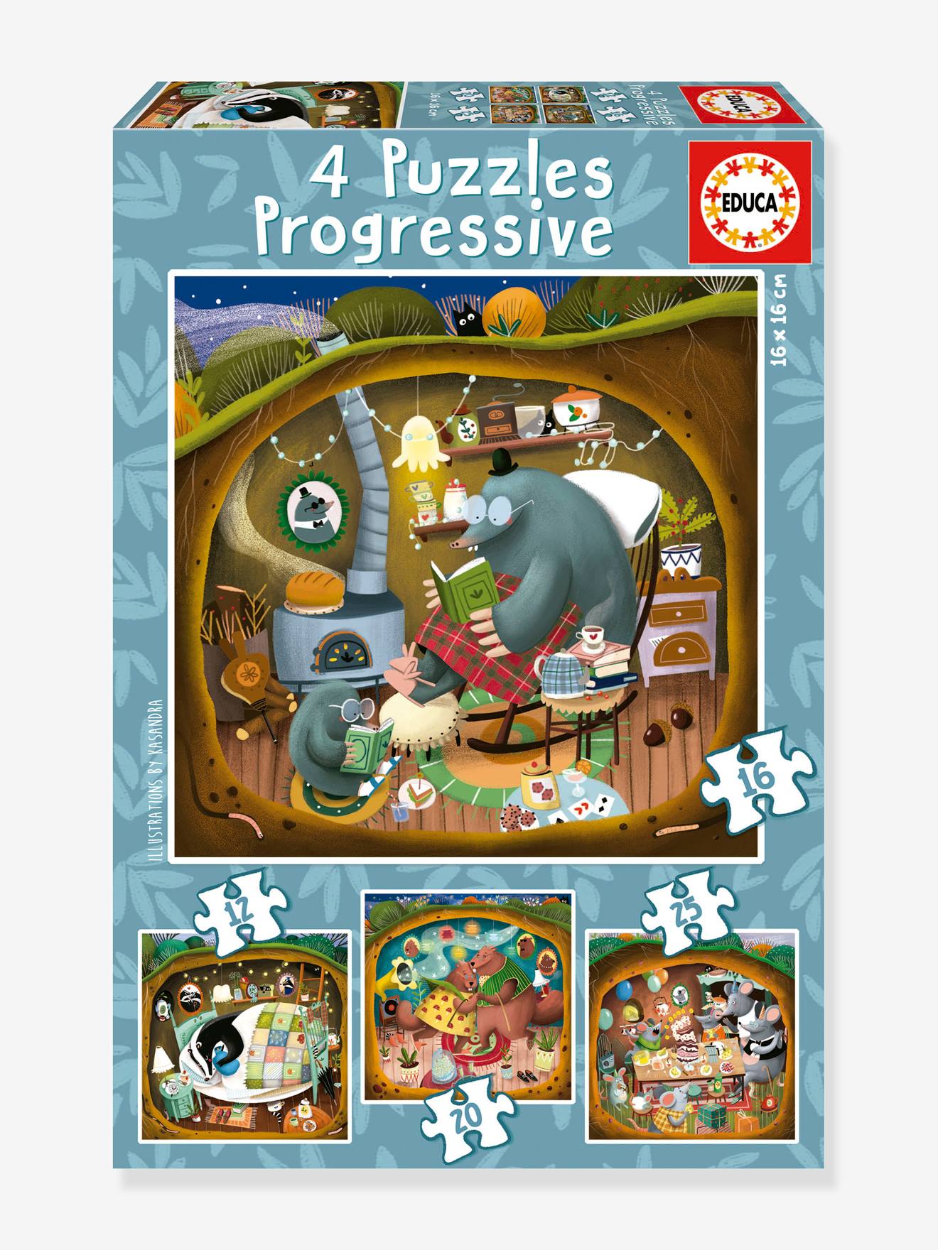 Educa 4 Kinder Lernpuzzles Geschichten aus dem Wald EDUCA, 12-25 Teile - blau